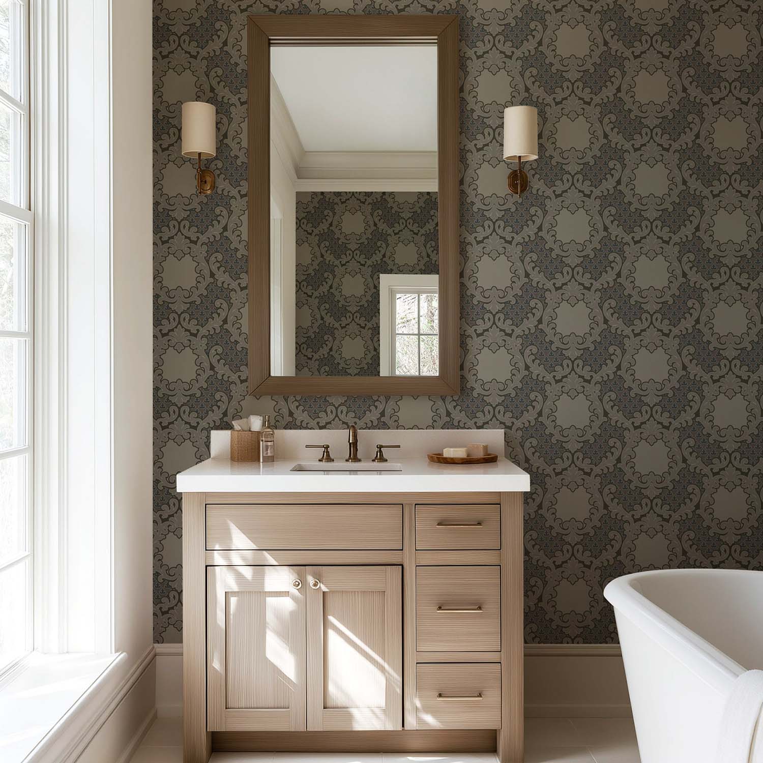 Mitchell Black Shadow Leaf Damask Wallpaper