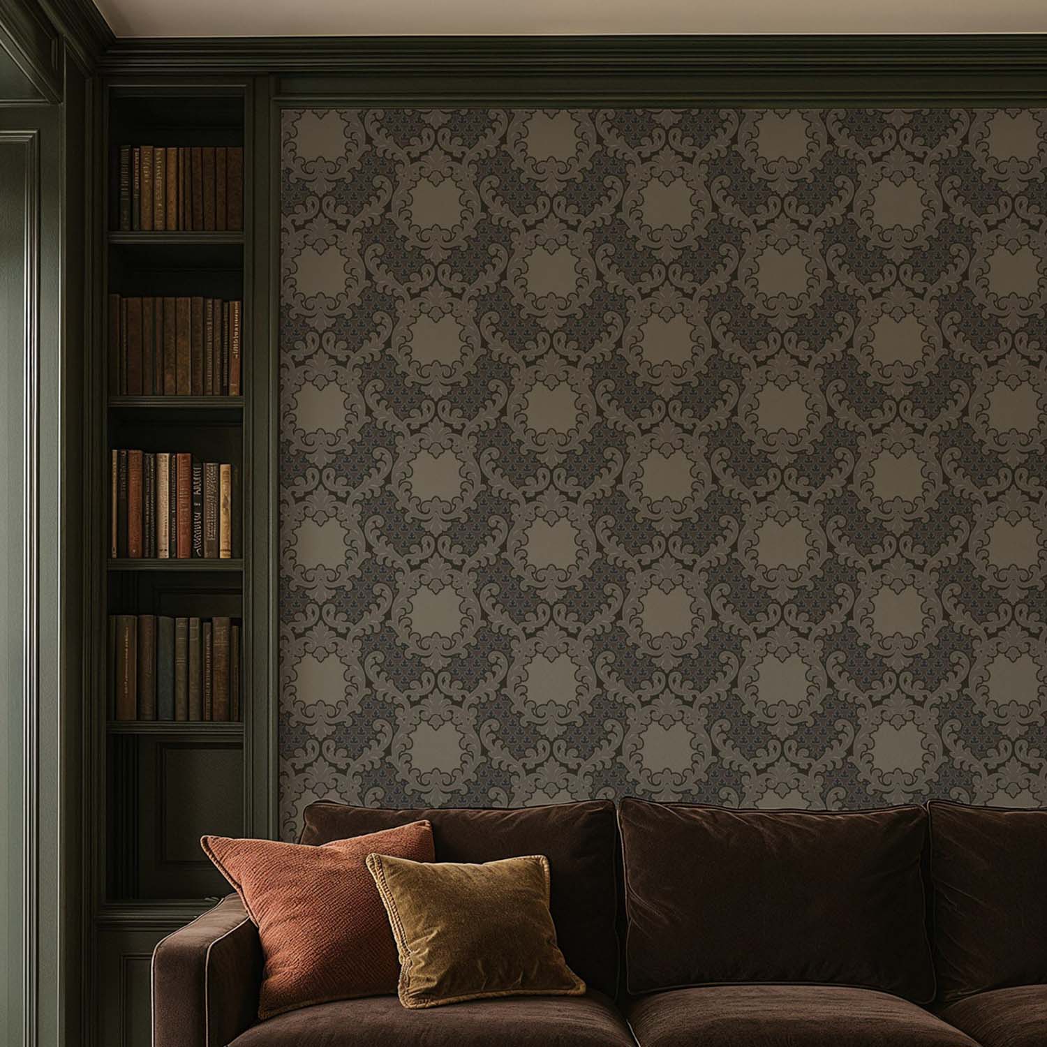 Mitchell Black Shadow Leaf Damask Wallpaper