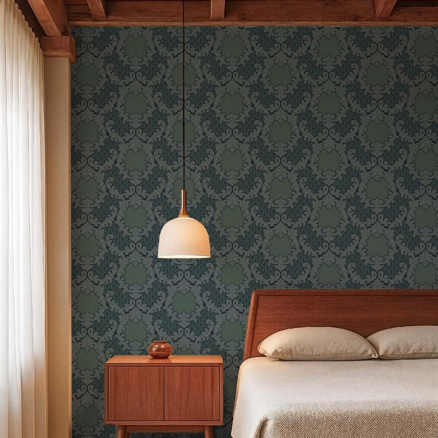 Mitchell Black Shadow Leaf Damask Wallpaper