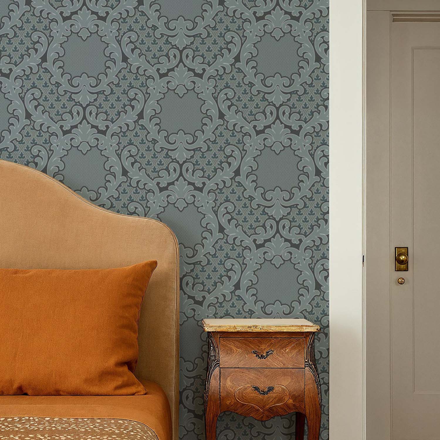 Mitchell Black Shadow Leaf Damask Wallpaper