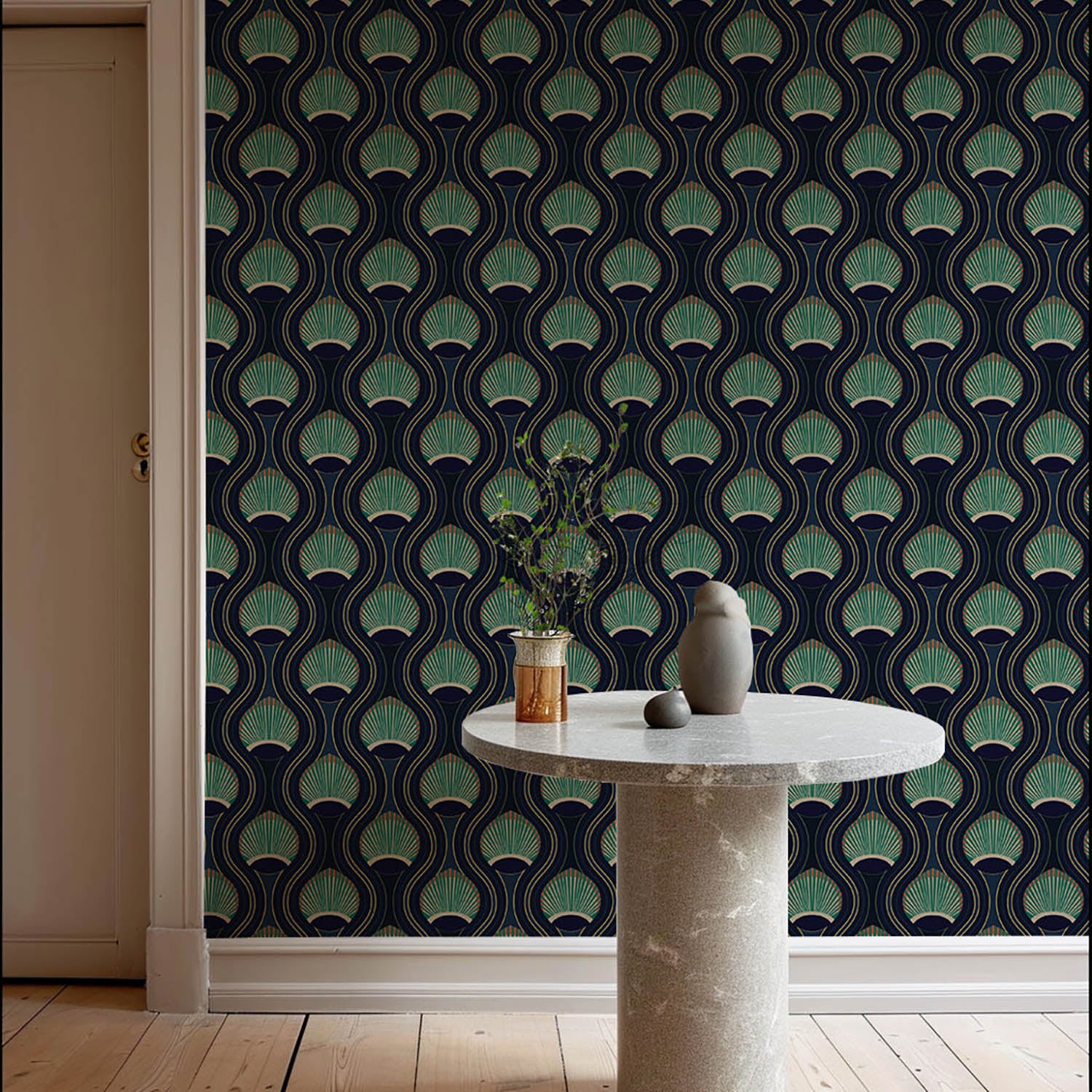 Mitchell Black African Art Deco Shell Grasscloth Wallpaper