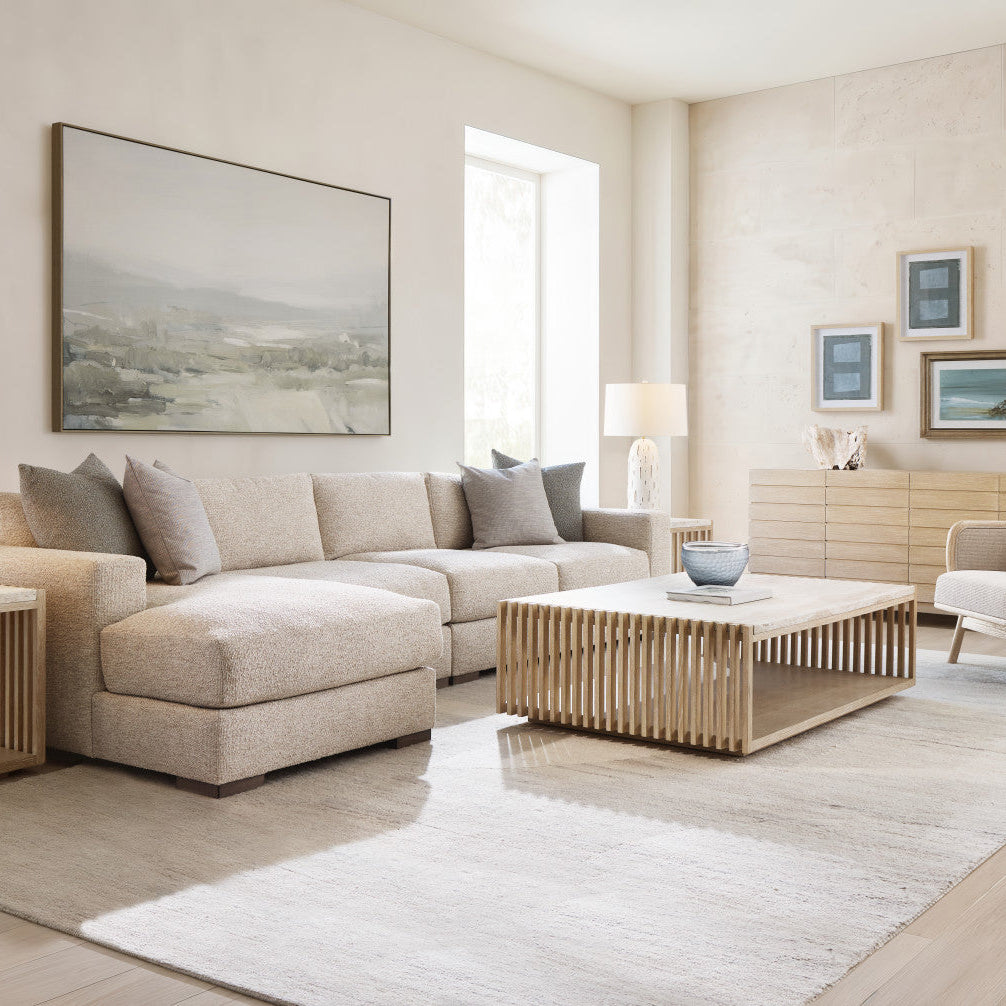 Bernhardt Living Asana Cocktail Table in Tan, styled room scene