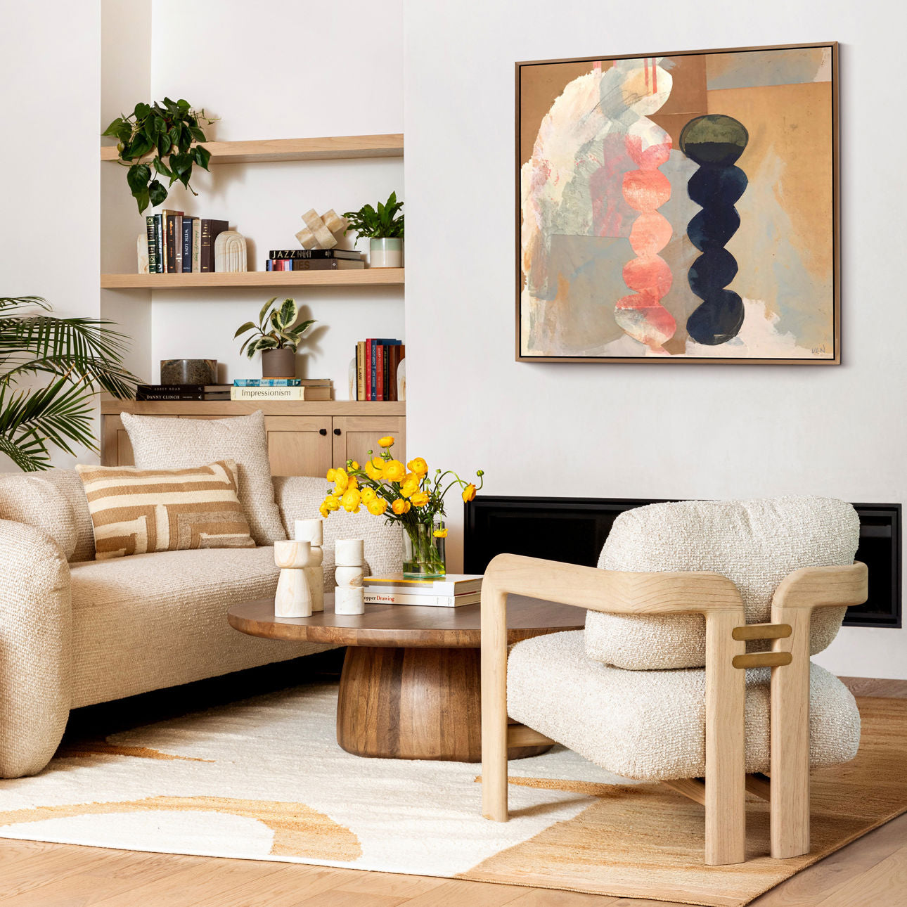 Chavez cream basketweave and mindi wood occasional chair, seat and back detail