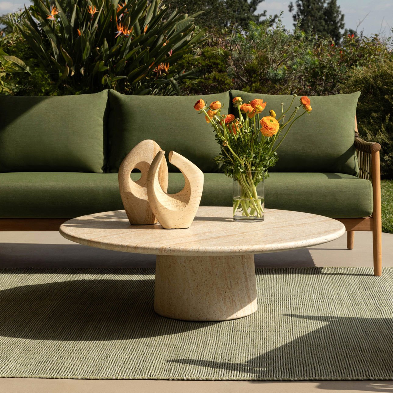 Top-down view of the faux travertine finish on the Trebol coffee table