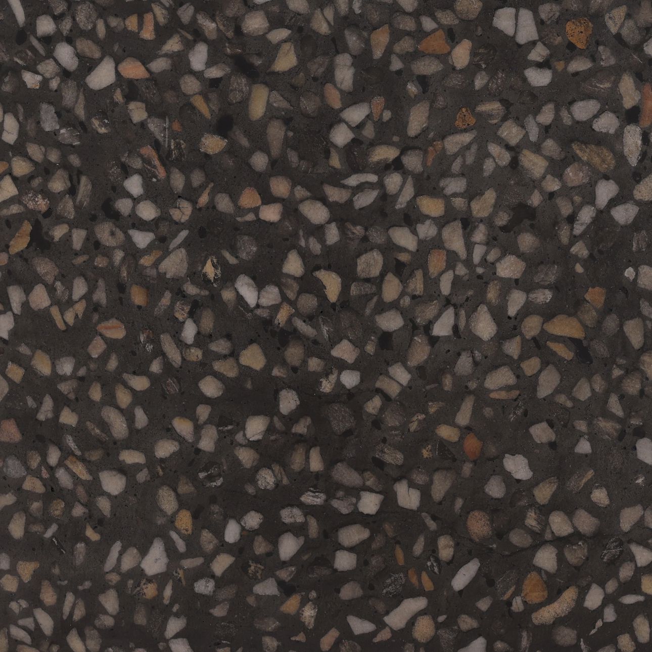 Damira black concrete terrazzo outdoor coffee table, top-down view of the surface