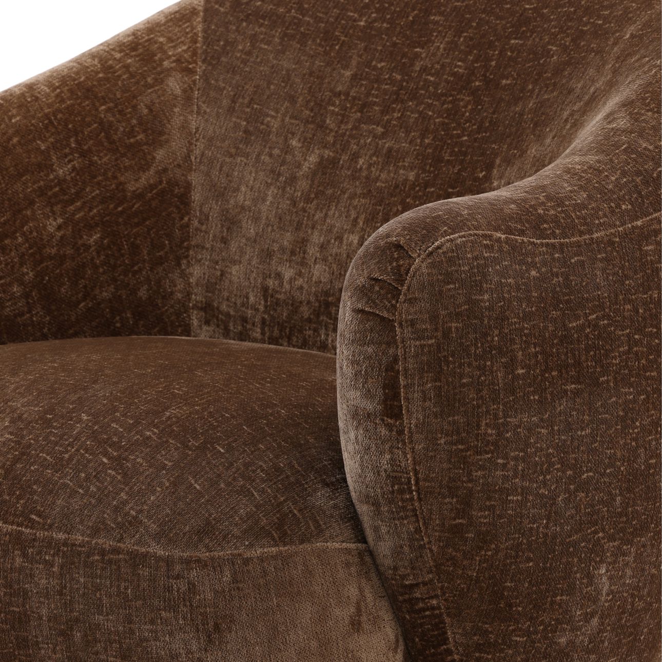 Cary chocolate brown chenille velvet occasional chair, styled in a living space