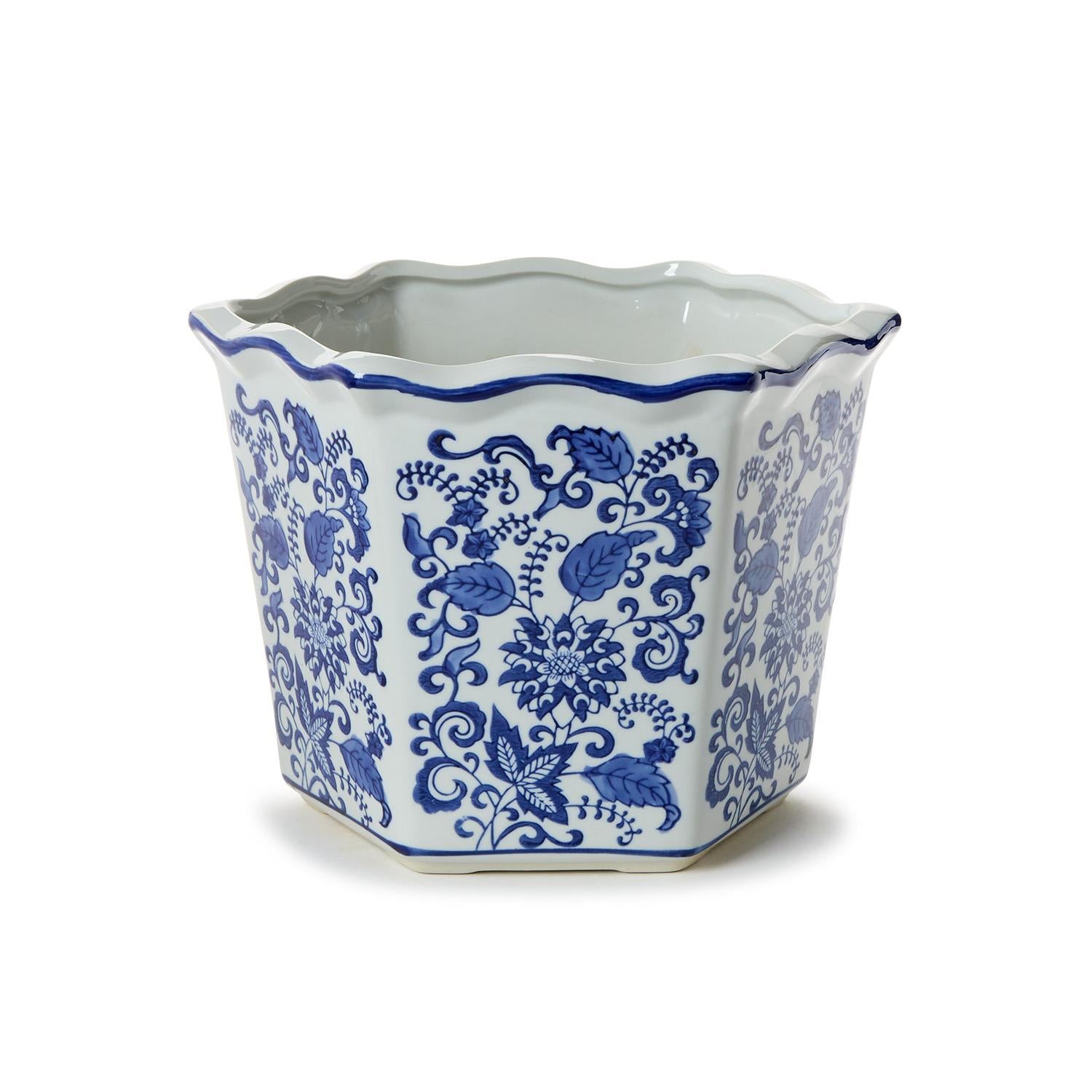 Hand-Painted Blue and White Floral Planter Set of 3