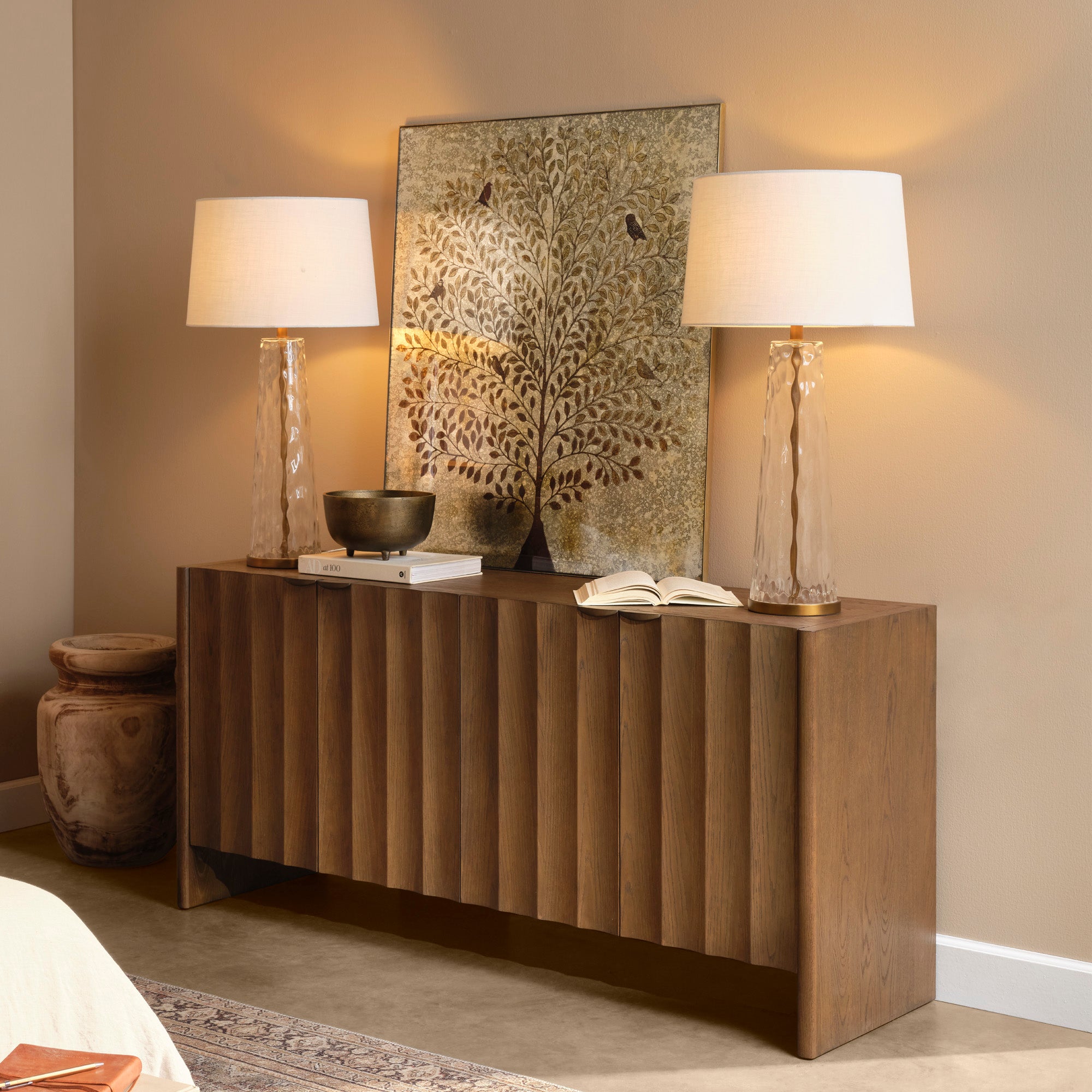 Jamie Young Finley Brown Sugar Oak Fluted Four Door Credenza