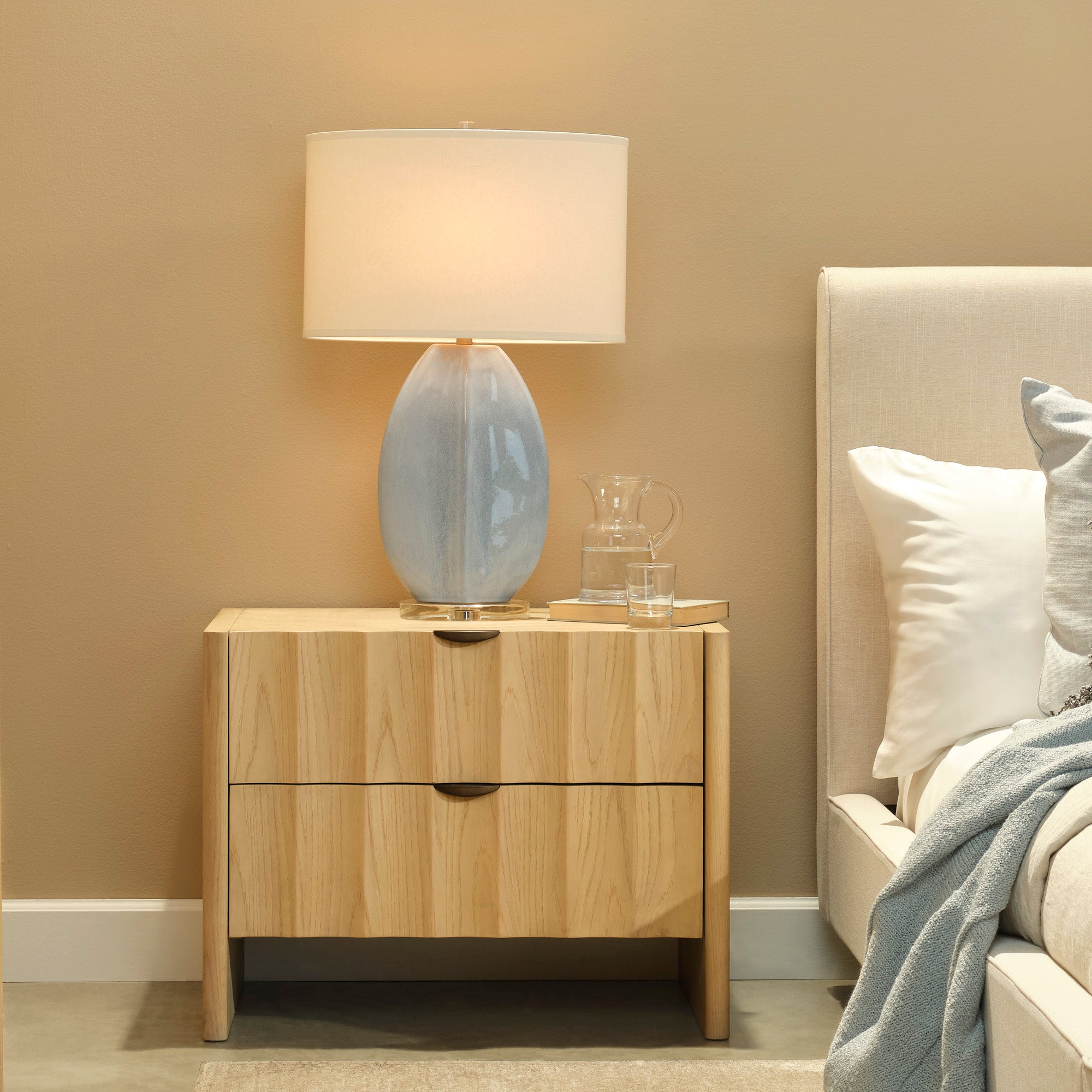Jamie Young Coin Ceramic Cornflower Blue Table Lamp with Linen Shade