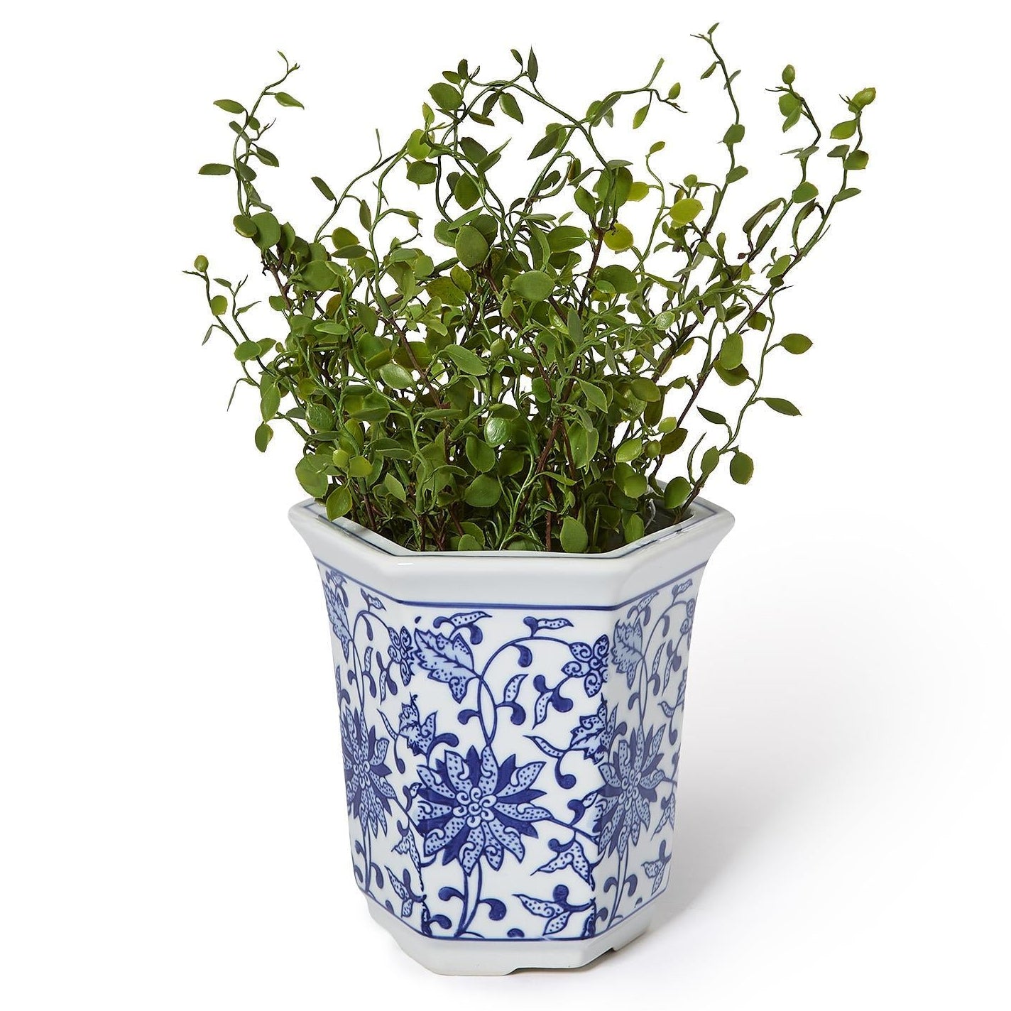 Chinoiserie Hand-Painted Blue and White Hexagon Cachepot / Vase