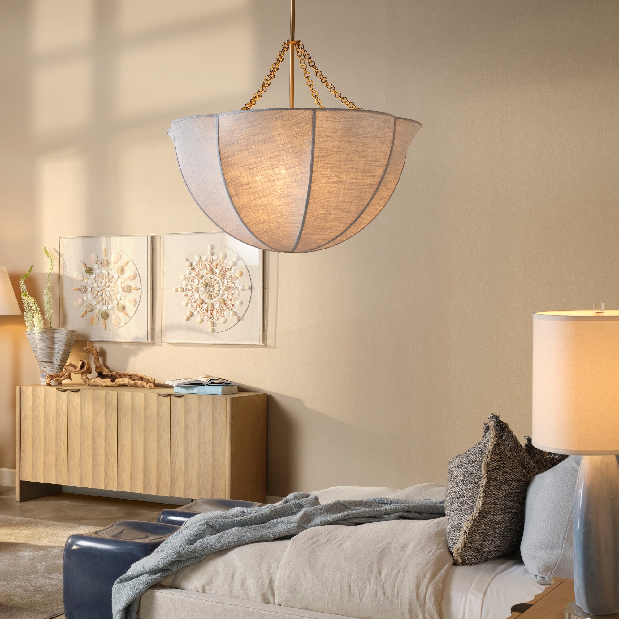 Jamie Young Aire Pale Blue Linen 4-Light Large Chandelier