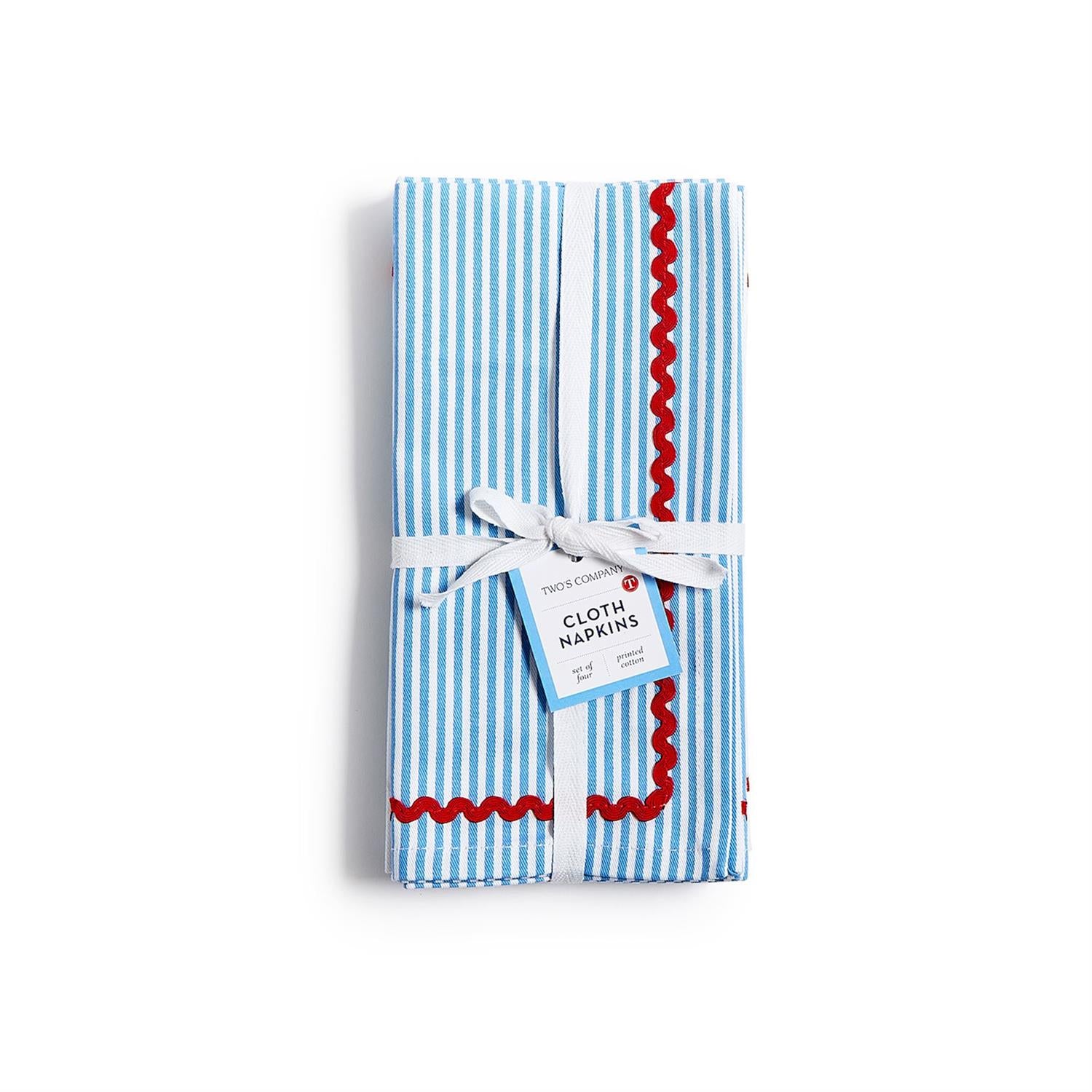 Blue Stripe with Red Ric Rac Trim Cloth Dinner Napkin Set of 4