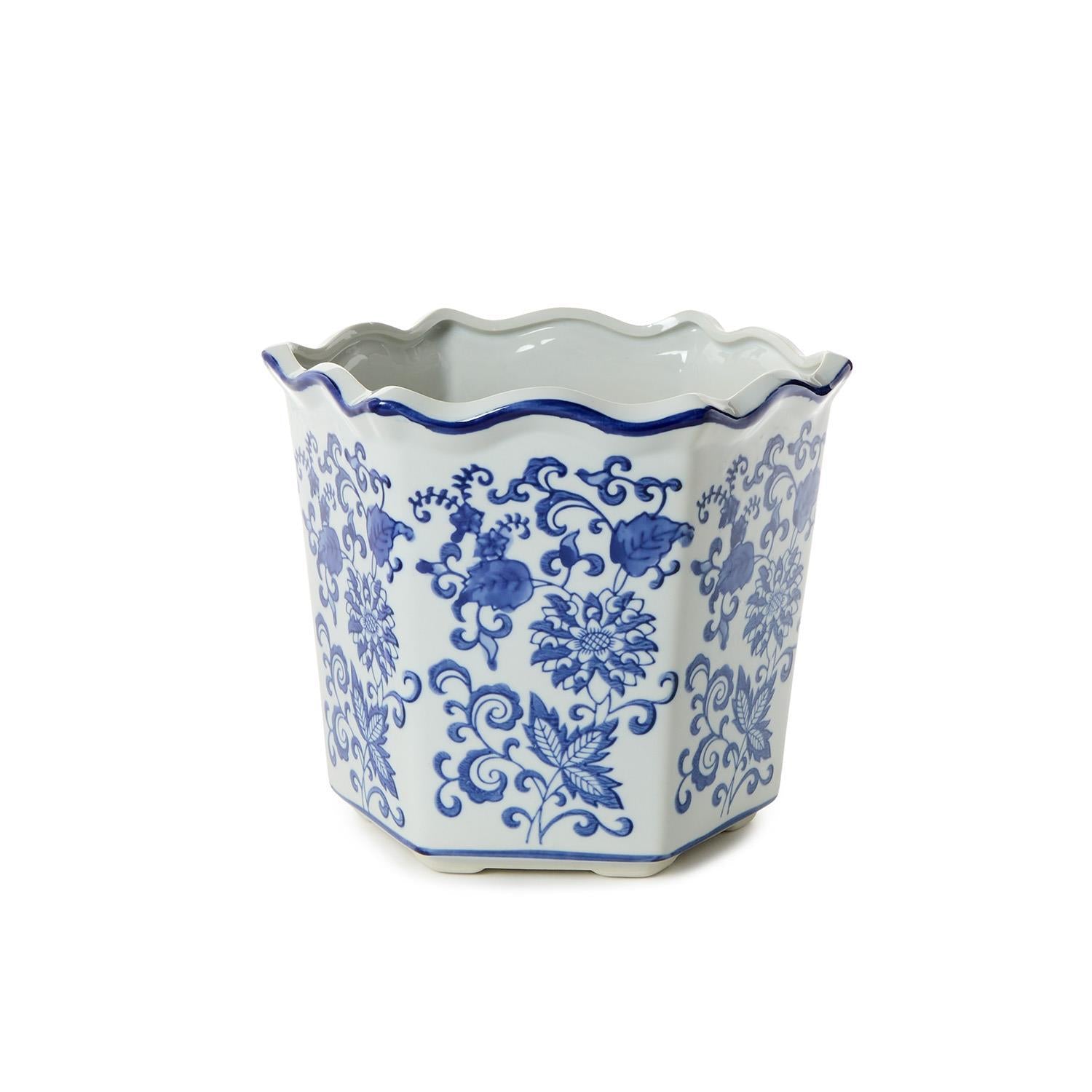 Hand-Painted Blue and White Floral Planter Set of 3