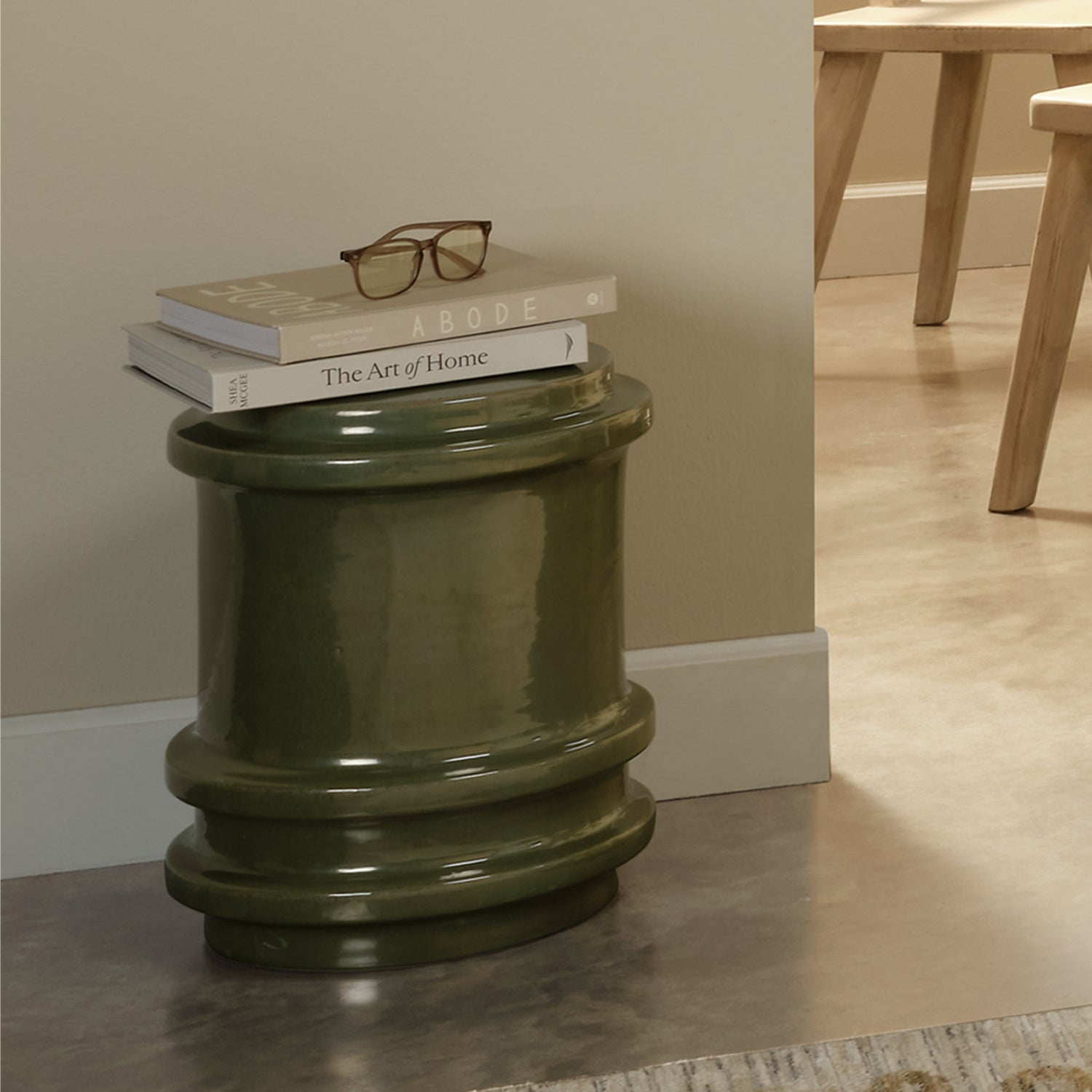 Jamie Young Reglet Green Ceramic Stool ceramic surface and Reactive Green Glaze finish detail