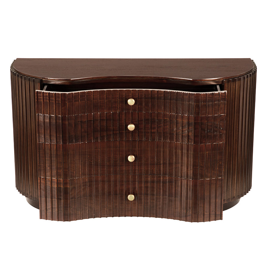 Noir Irene Hand Rubbed Brown Dresser, sculptural architectural focal point