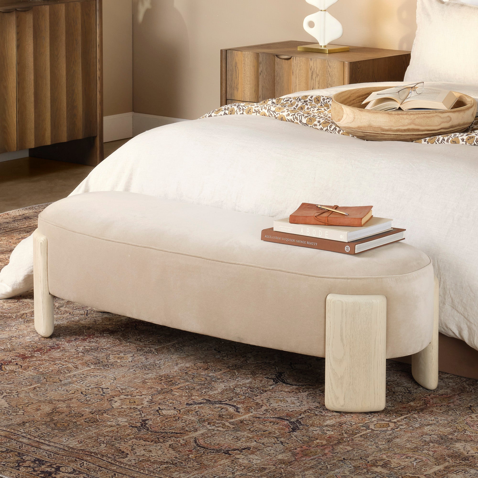 Jamie Young Eclair Earl Grey Velvet and Pale Oak Bench