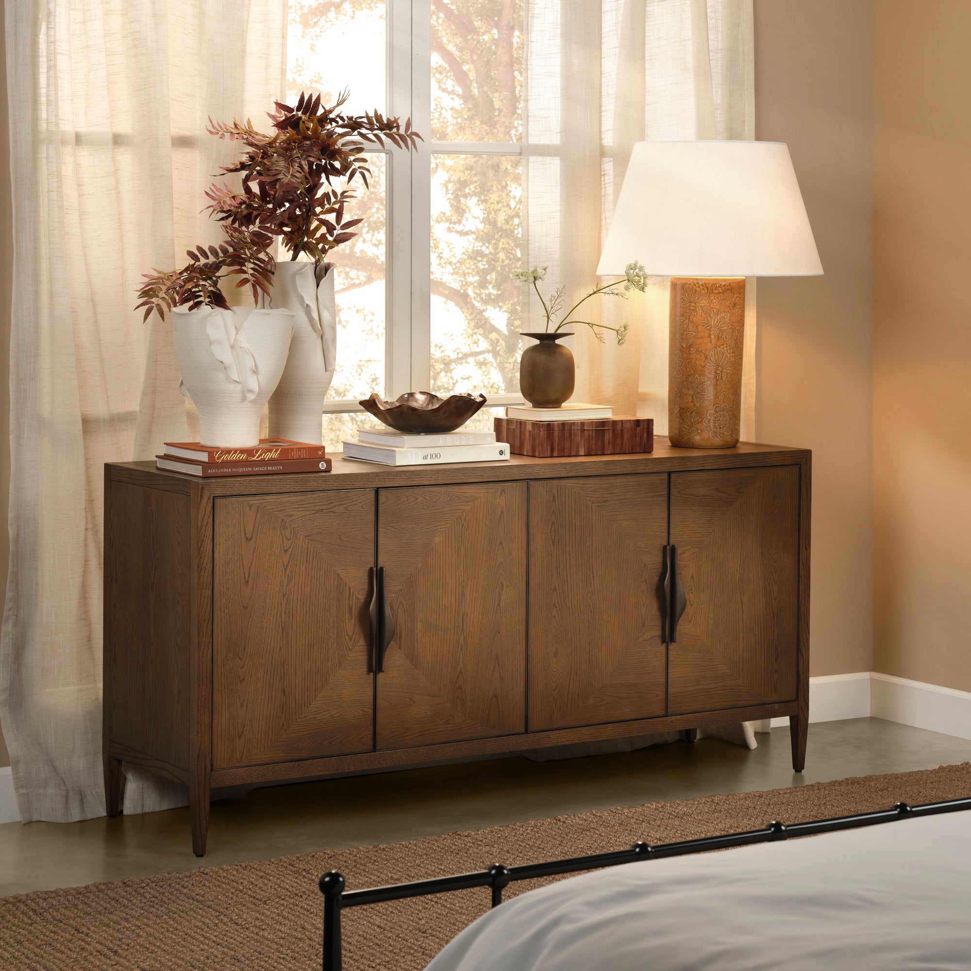 Jamie Young Etta Porcelain Caramel Brown Table Lamp with Linen Shade