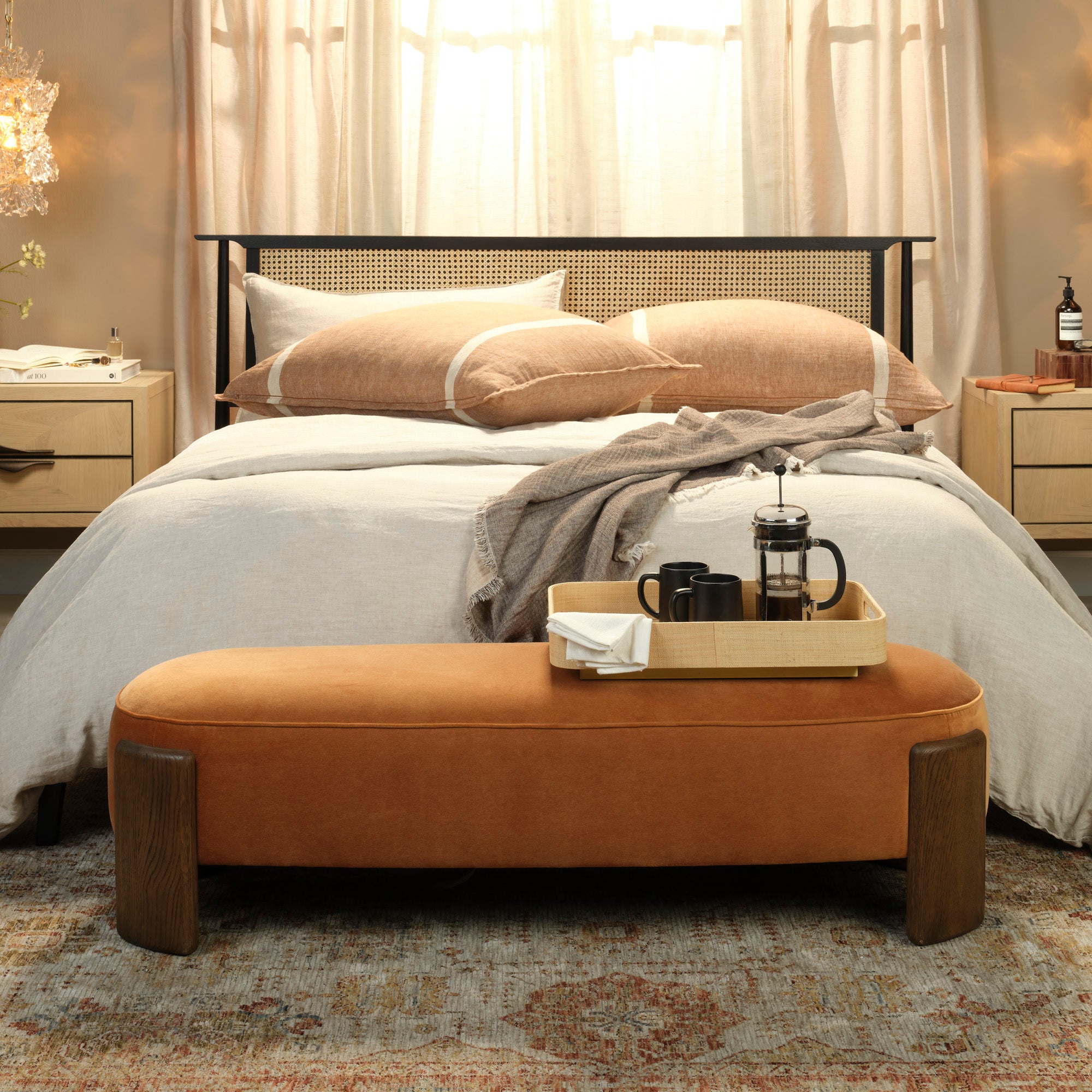 Jamie Young Eclair Terracotta Velvet and Brown Sugar Oak Bench