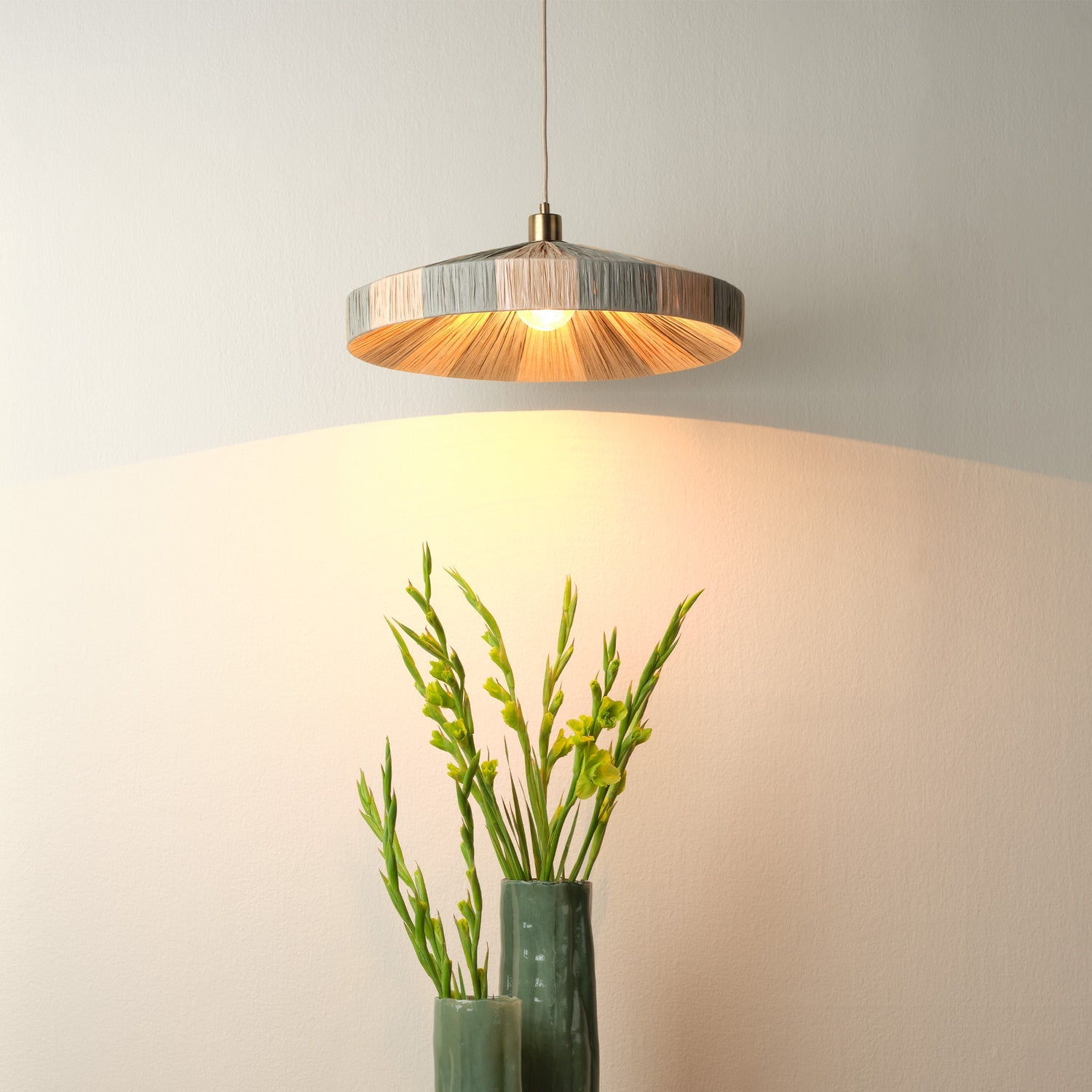 Jamie Young Parasol Green 1-Light Small Pendant Raffia weave and Natural, Sage Green and Antique Brass finish detail