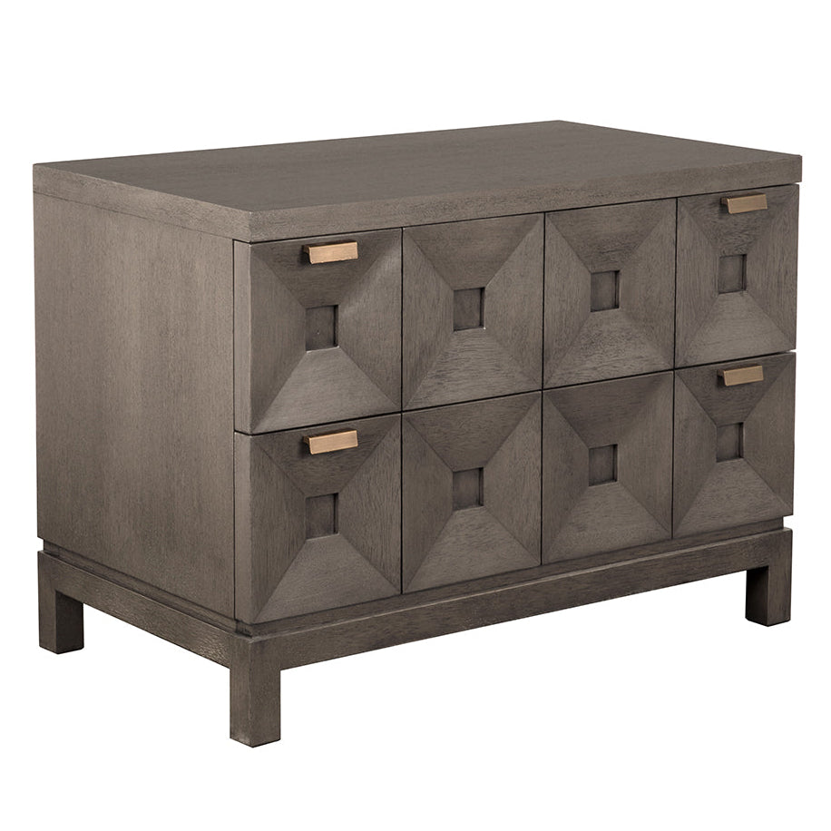 Noir Musashi Greige Walnut Large 2 Drawer Chest, faceted two-drawer front