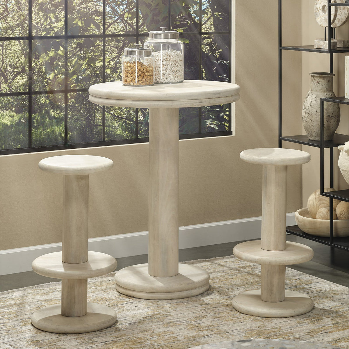 Jamie Young Bourbon Off-White Mango Wood Bar Table mango wood grain and White Wash finish detail