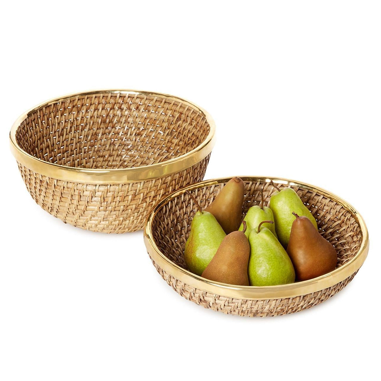 Round Hand Woven Rattan Bowl with Brass Rim Accent Set of 2