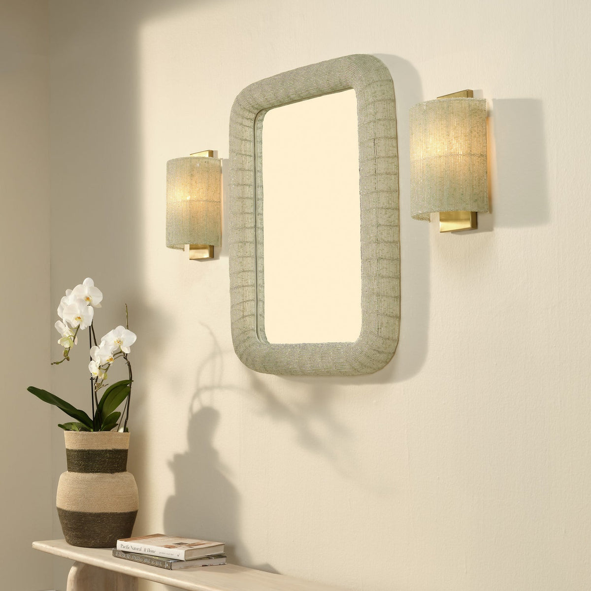 Jamie Young Confetti Green Extra Large Wall Mirror glass-bead frame in Sage Green, Iridescent finish