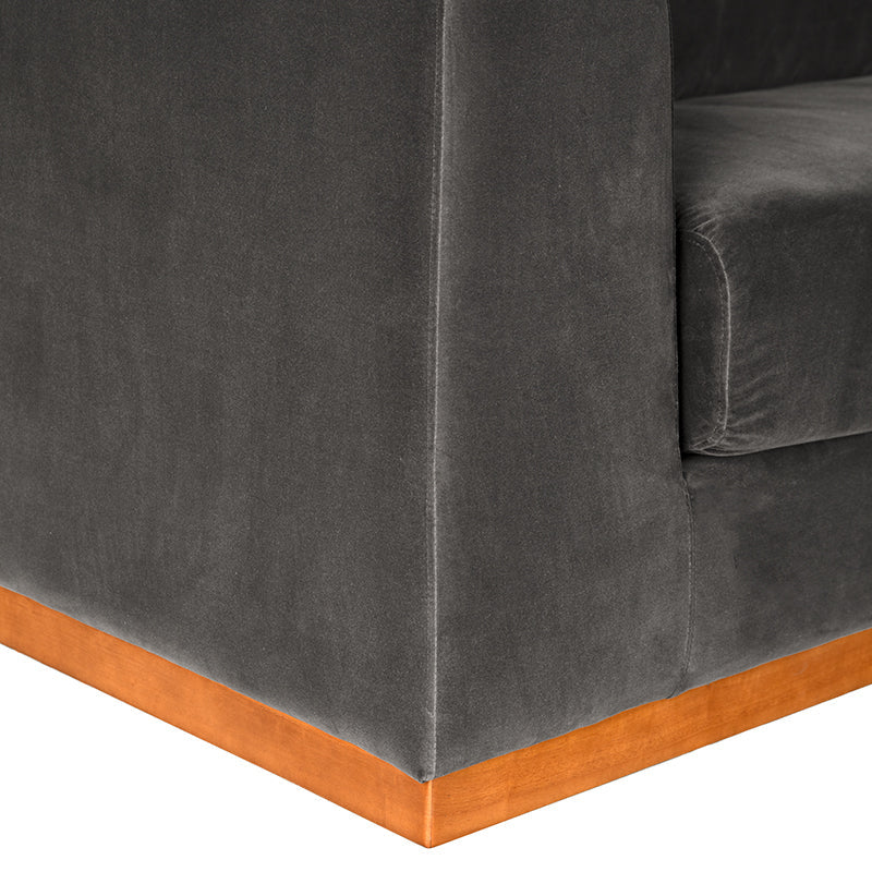 Noir Seville Grey Velvet Sofa, Dark Walnut finish