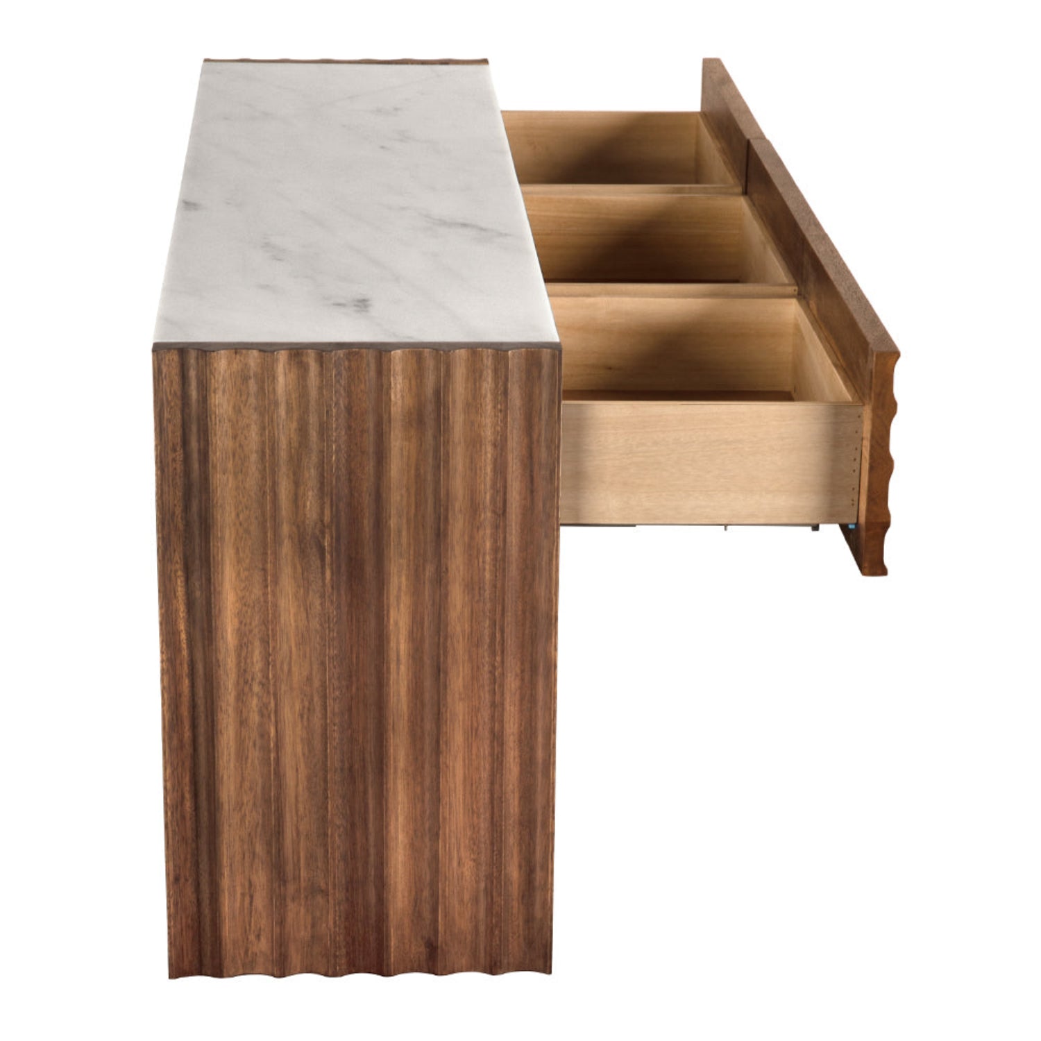 Wolf Dark Walnut Console with White Marble Top crafted from walnut and stone