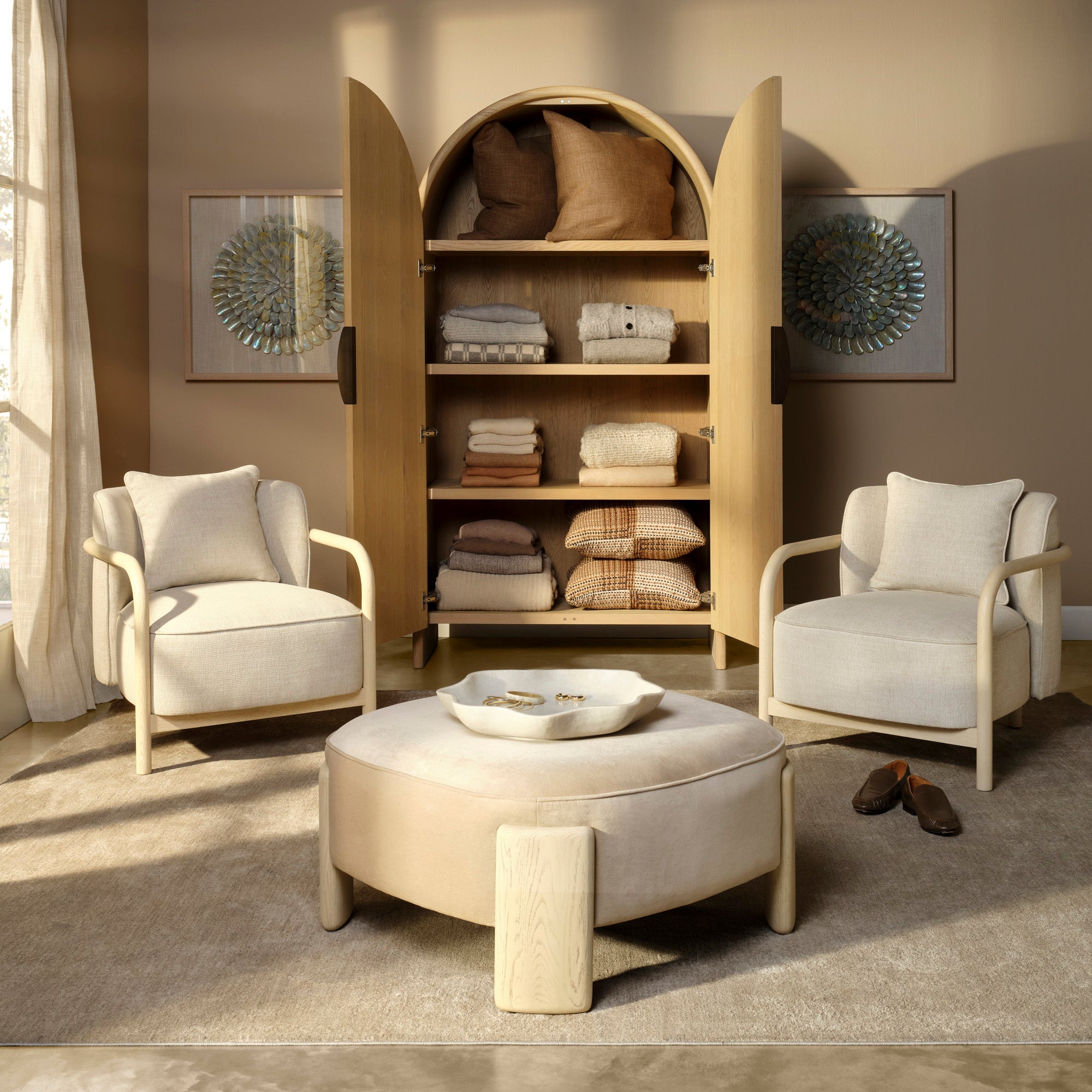 Jamie Young Finley Pale Oak Fluted Arched Cabinet