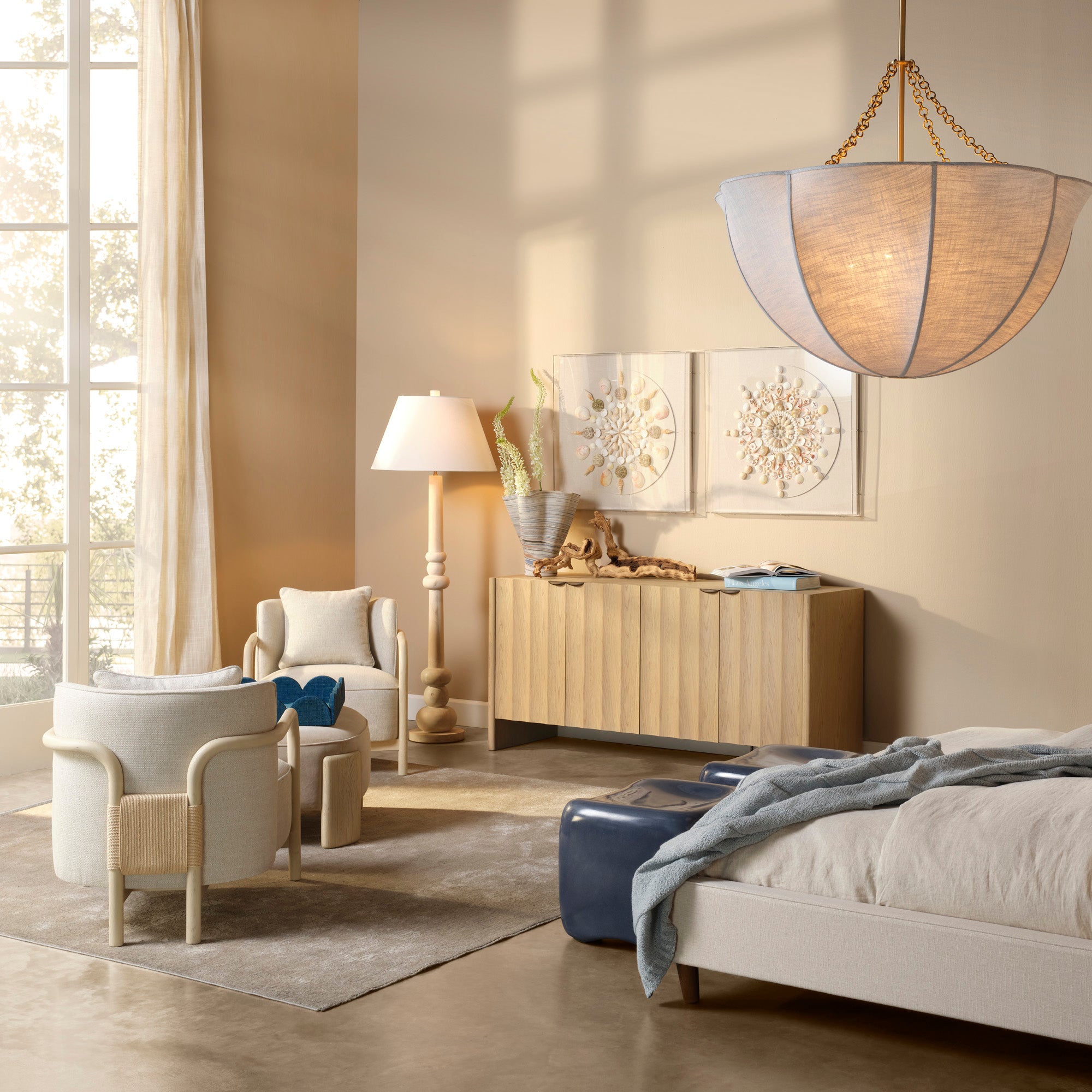 Jamie Young Aire Pale Blue Linen 4-Light Large Chandelier
