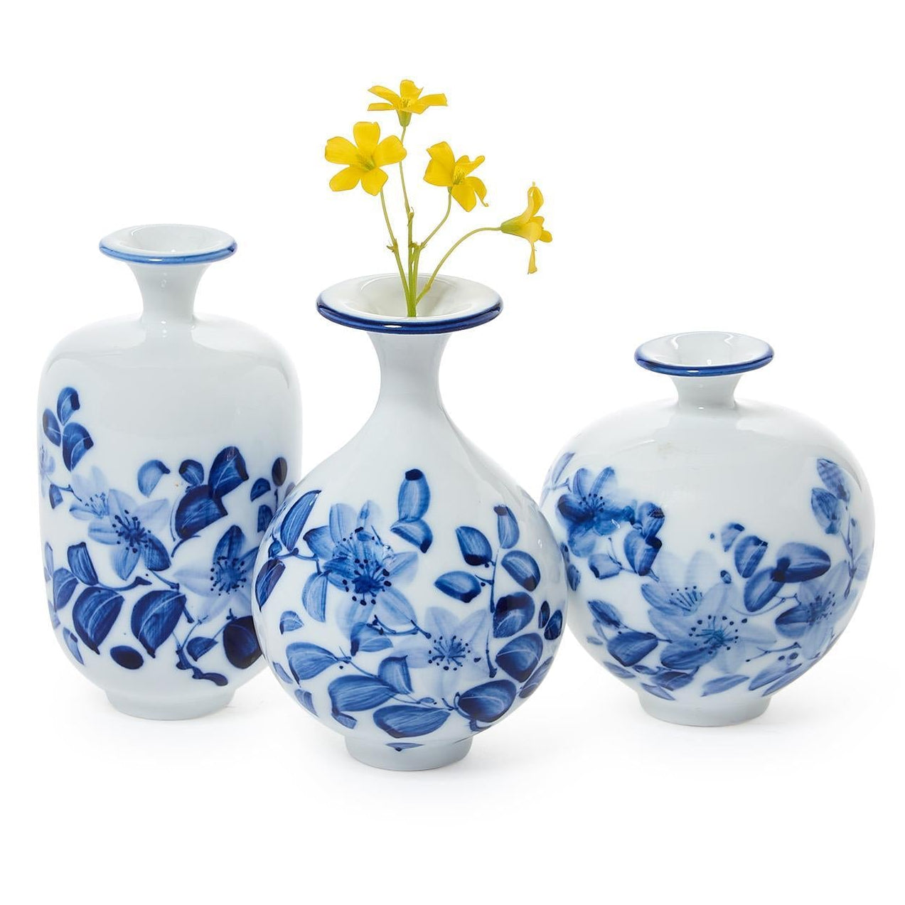 Petite Hand-Painted Chinoiserie Blue and White Floral Vase Set of 3
