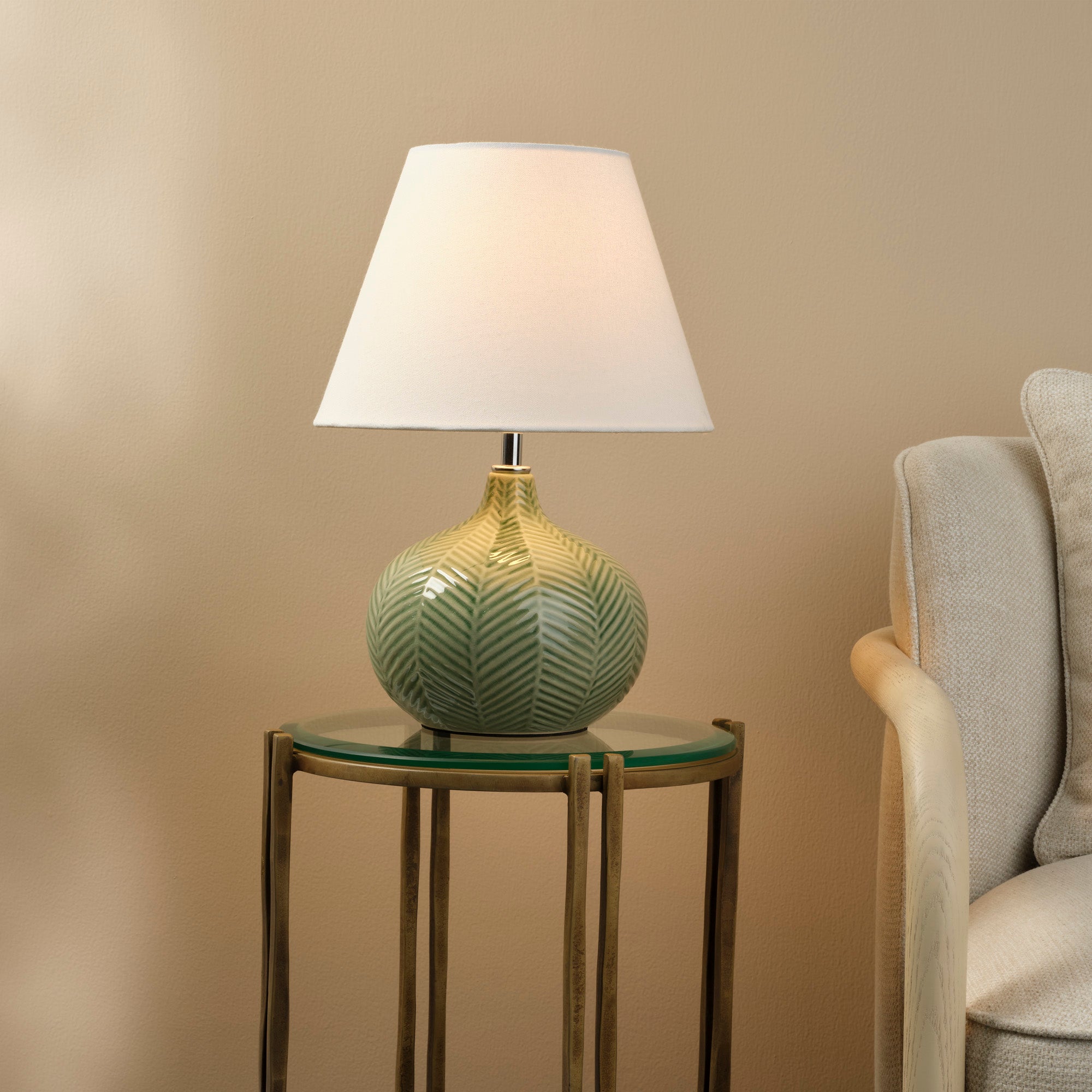 Lifestyle by Jamie Young Fern Ceramic Leaf Green Table Lamp with Linen Shade