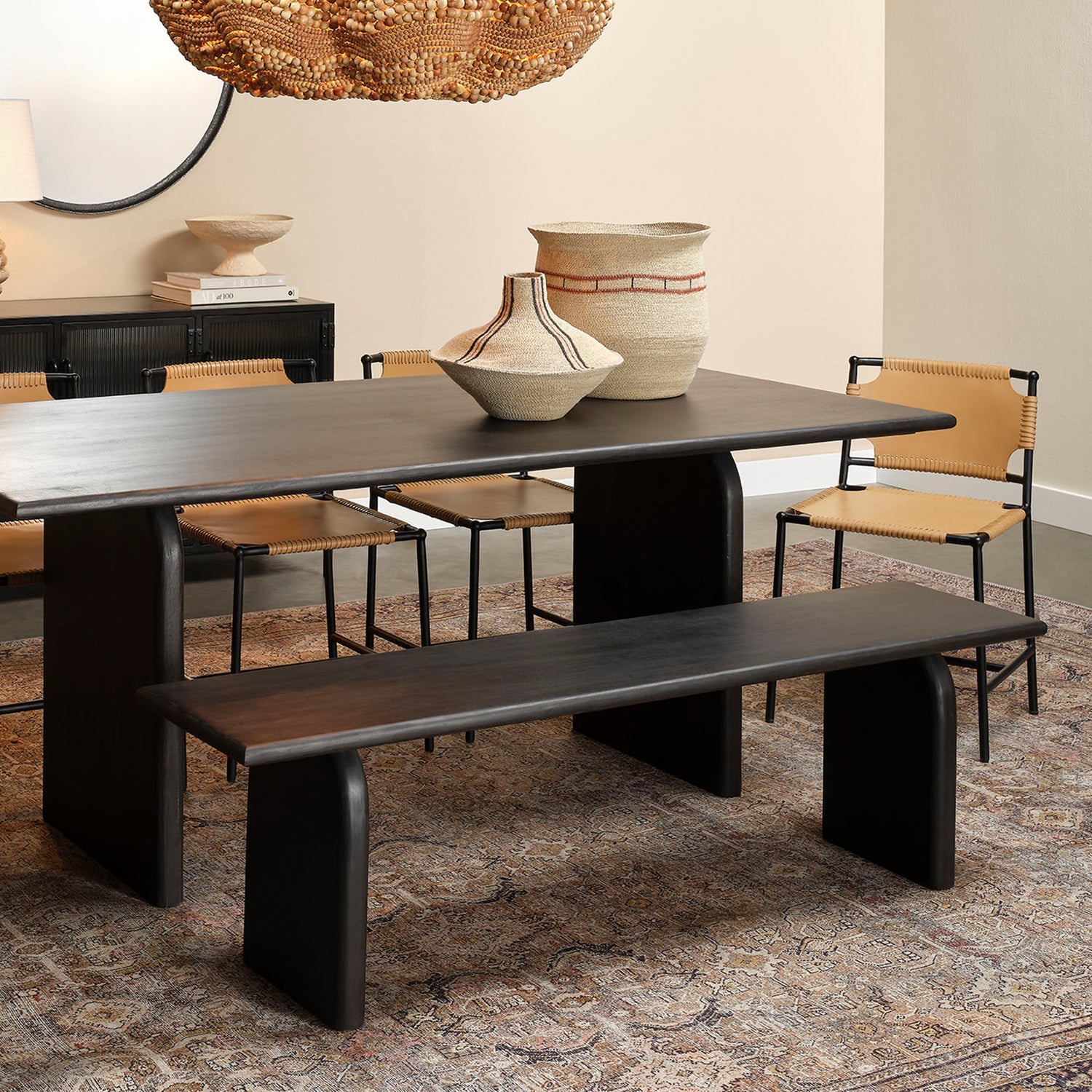 Jamie Young Arc Mango Black Wood Bench mango wood grain and Satin Black finish detail