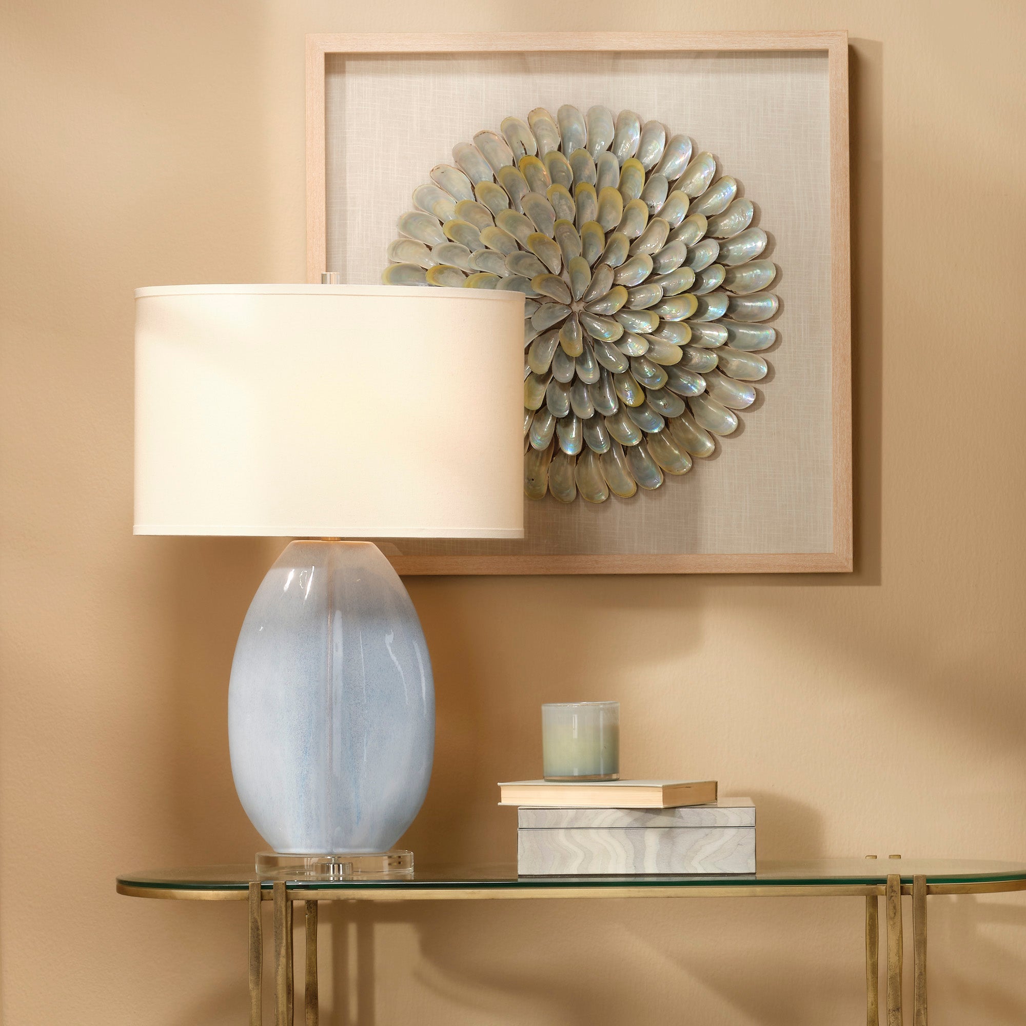 Jamie Young Coin Ceramic Cornflower Blue Table Lamp with Linen Shade