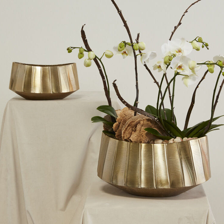 Helena Boat styled view, gold metal centerpiece bowl