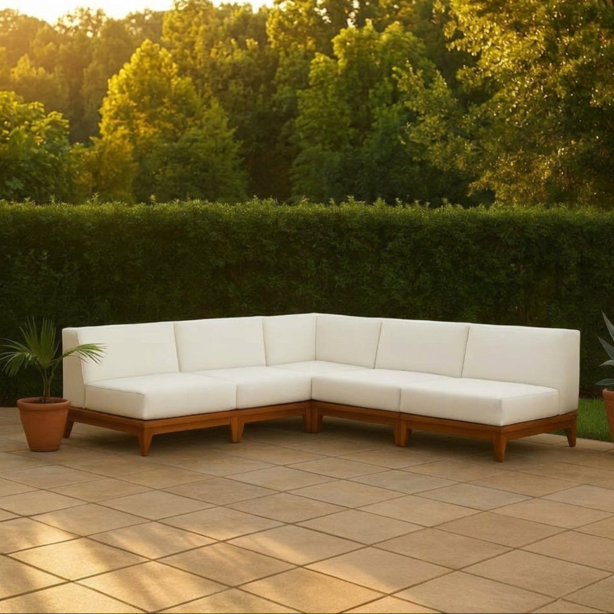 Rio 100in Off White Water Resistant Fabric Upholstered 5 Piece Patio Modular Sectional Sofa