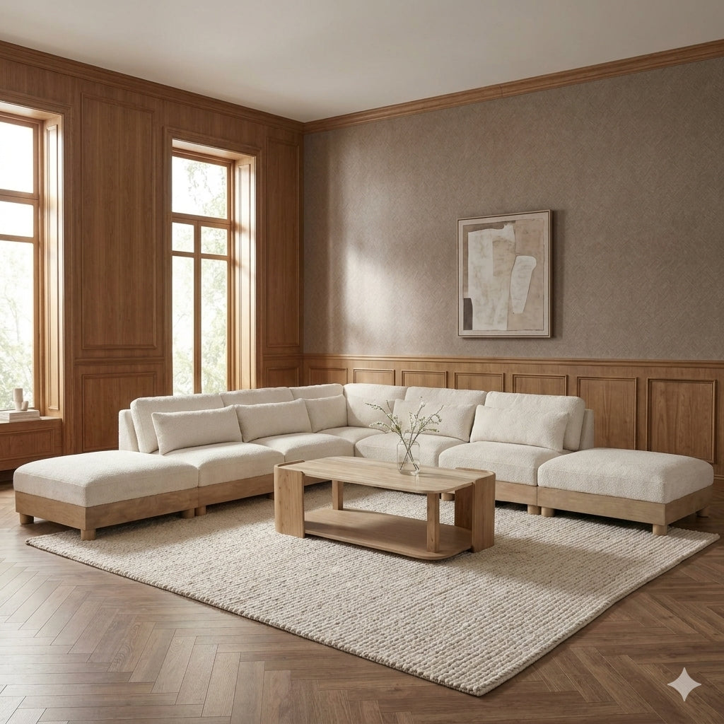 Turin 160in Cream Chenille Fabric Upholstered 7 Piece Modular Sectional Sofa