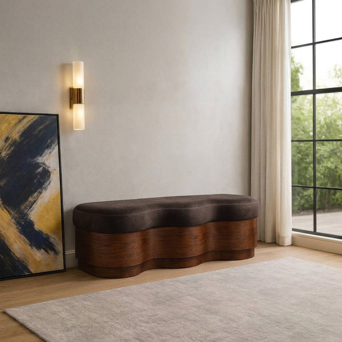 Savoy Brown Velour Fur Fabric Upholstered Bench