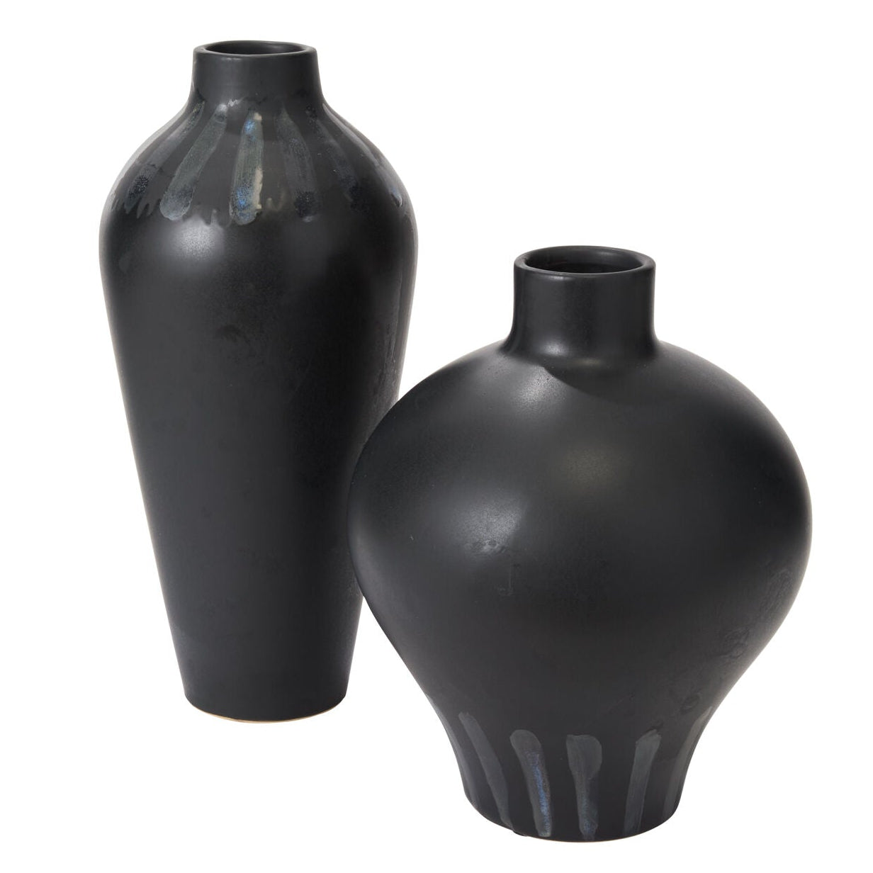 Inkblot Vase styled view, black ceramic vase with blue stripes