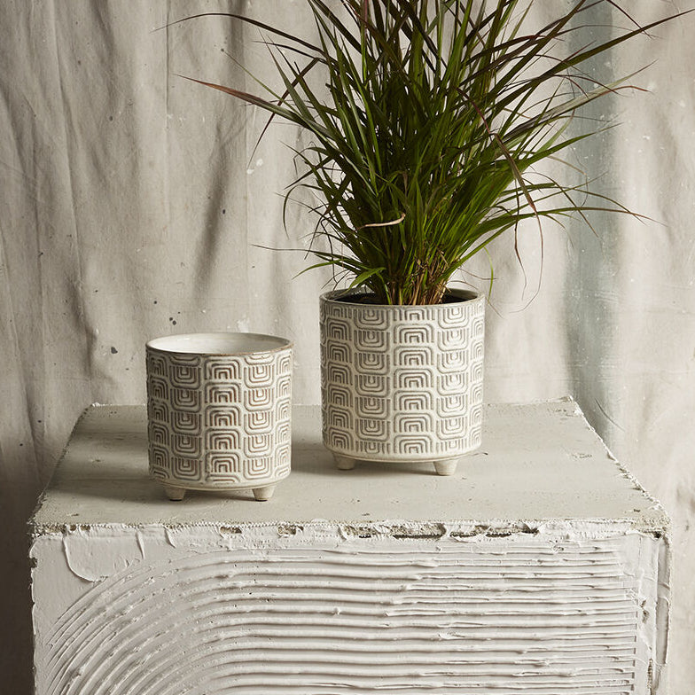 Itza Pot styled view, off-white ceramic planter