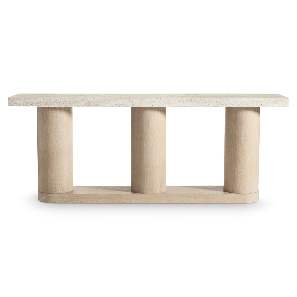 Bernhardt Living Asana Faux Stone Console Table in Tan, angled three-quarter view