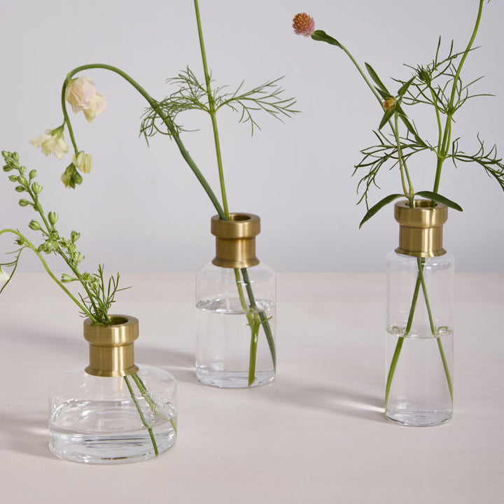 Jimmy Budvase, clear glass budvase with brass neck