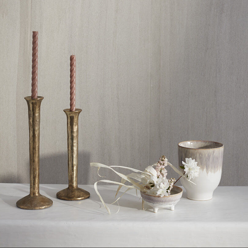 Krysos Candlestick Set of 2 styled view, mottled gold candlestick set of 2