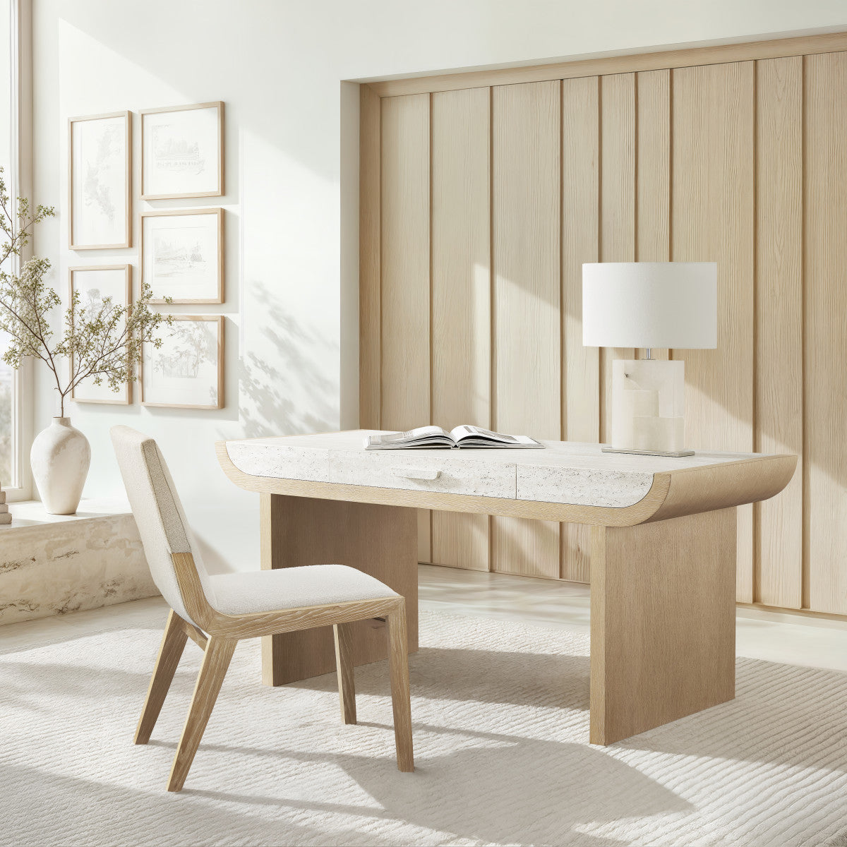 Bernhardt Asana Side Chair in Tan, styled room scene