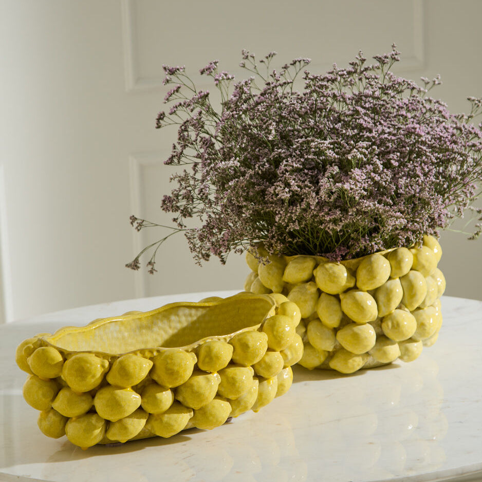 Layered Lemon Pot alternate view, yellow ceramic lemon planter