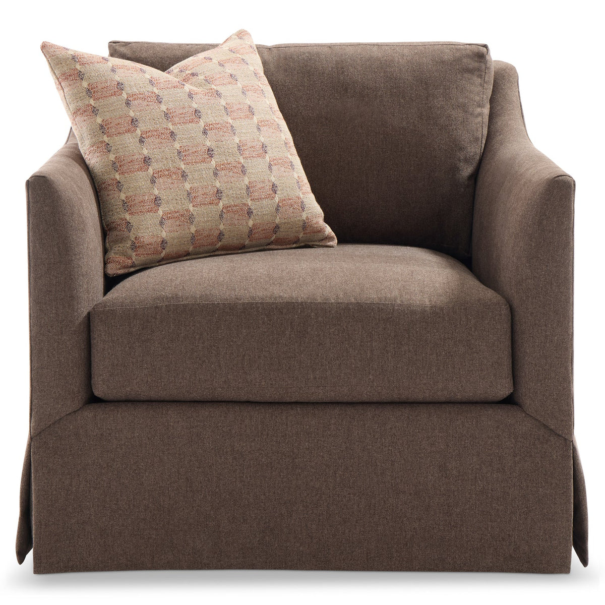 Bernhardt Living Langley Fabric Swivel Chair in Brown, angled three-quarter view