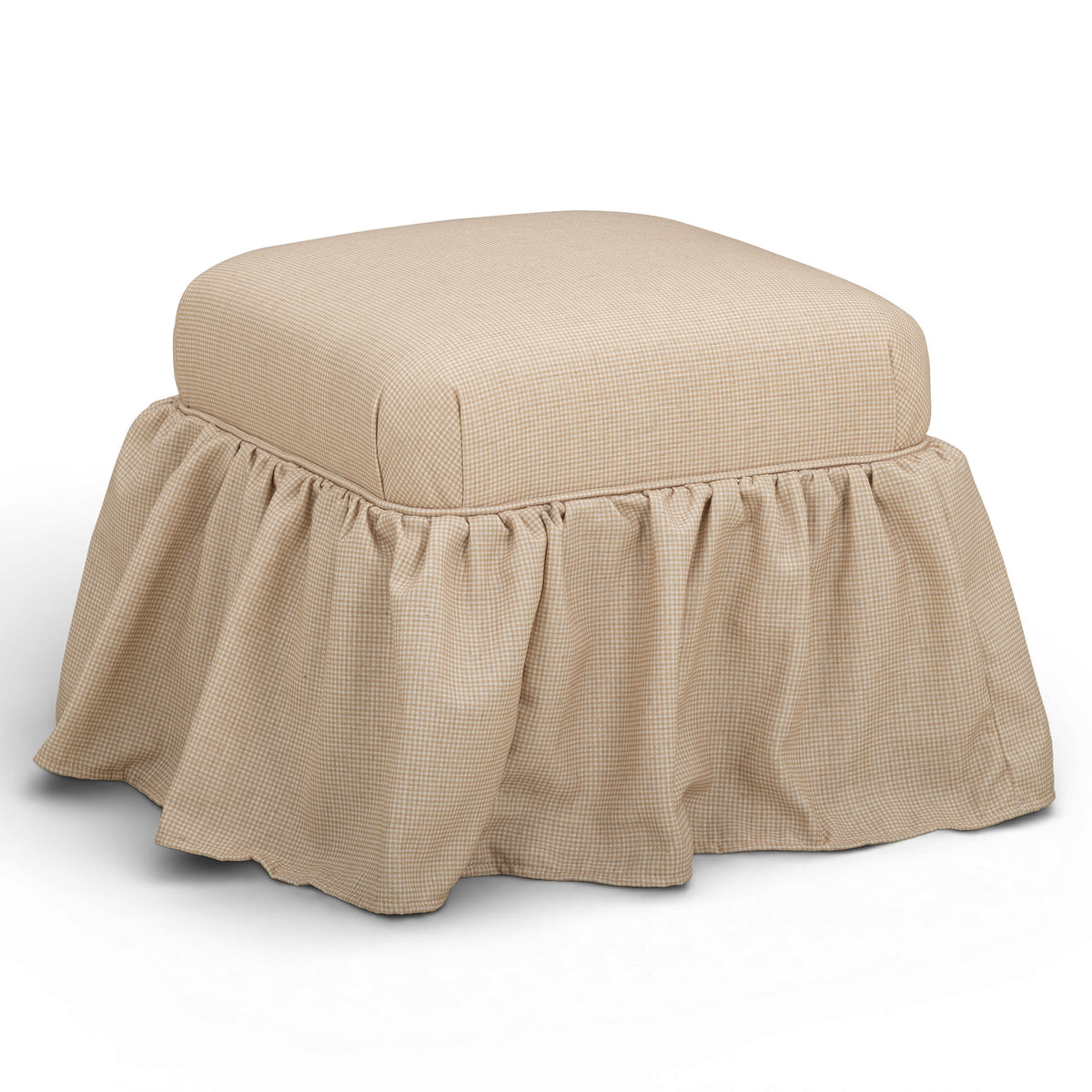 TOV Furniture Gertrude Yellow Gingham Performance Linen Skirted Ottoman in yellow gingham linen, primary product view