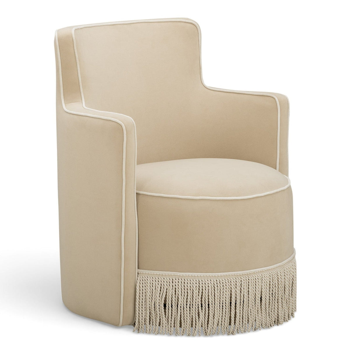 TOV Furniture Passe Tasseled Velvet Swivel Accent Chair in tan velvet, primary product view