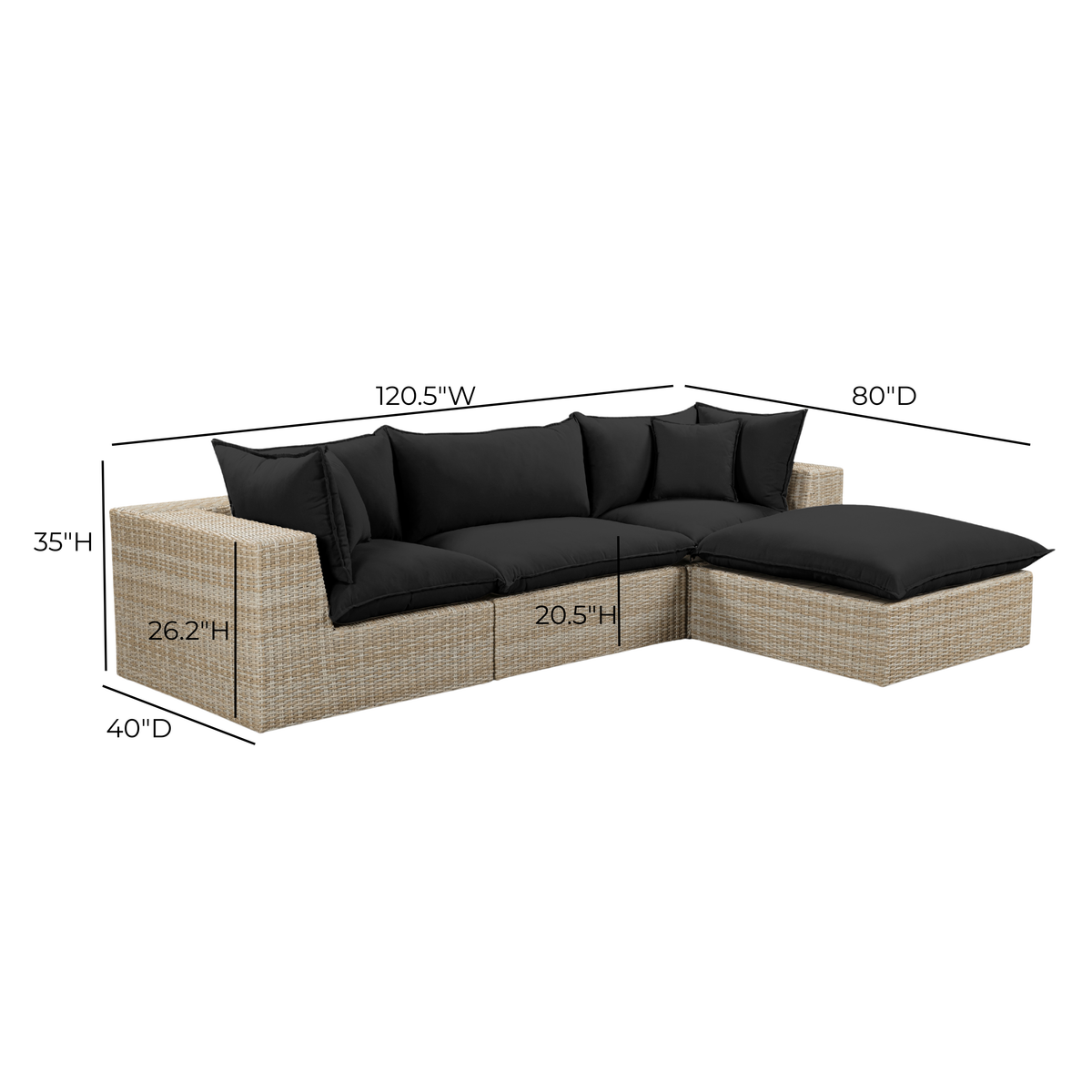 TOV Furniture Cali Black Performance Wicker 4-Piece Outdoor Sectional Sofa